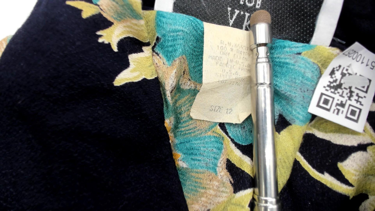 90s Navy Floral Rayon Blouse Turquoise Cream Yellow Flowers Short Sleeve Large
