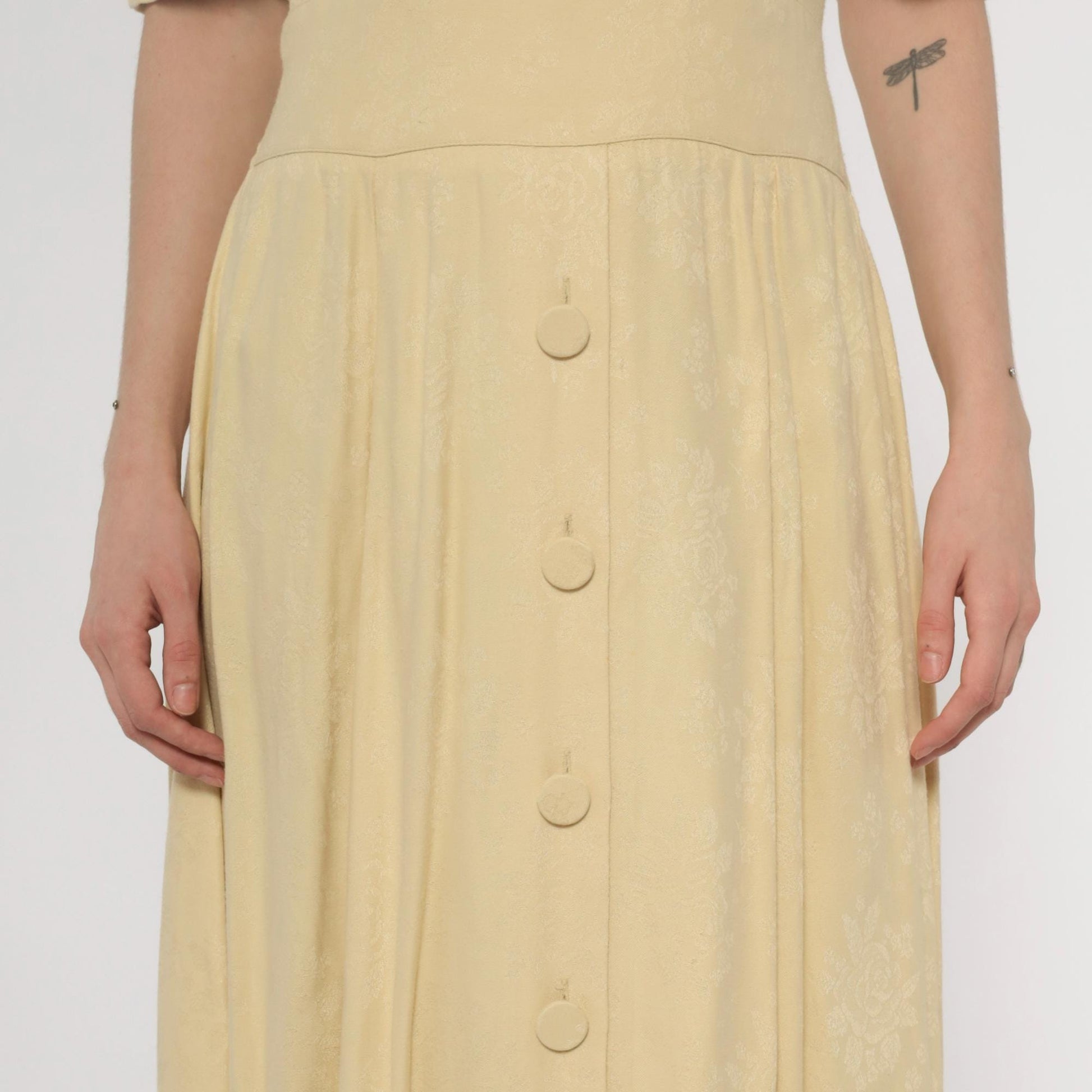 90s Karin Stevens Yellow Maxi Dress Embroidered Lace Smocked Waist Small