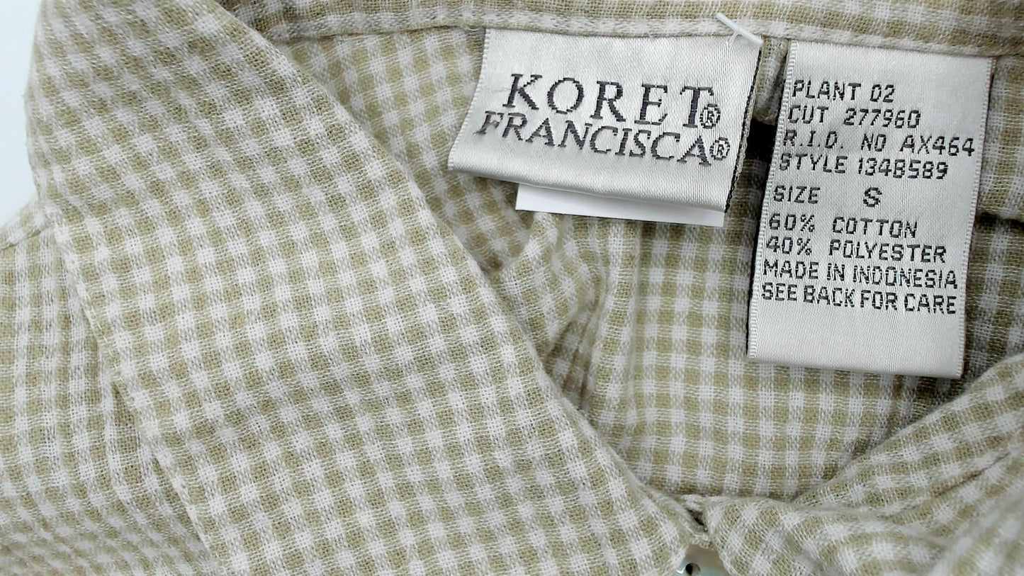 90s Koret Francisca Gingham Floral Embroidered Cotton Blouse Sage Green Small
