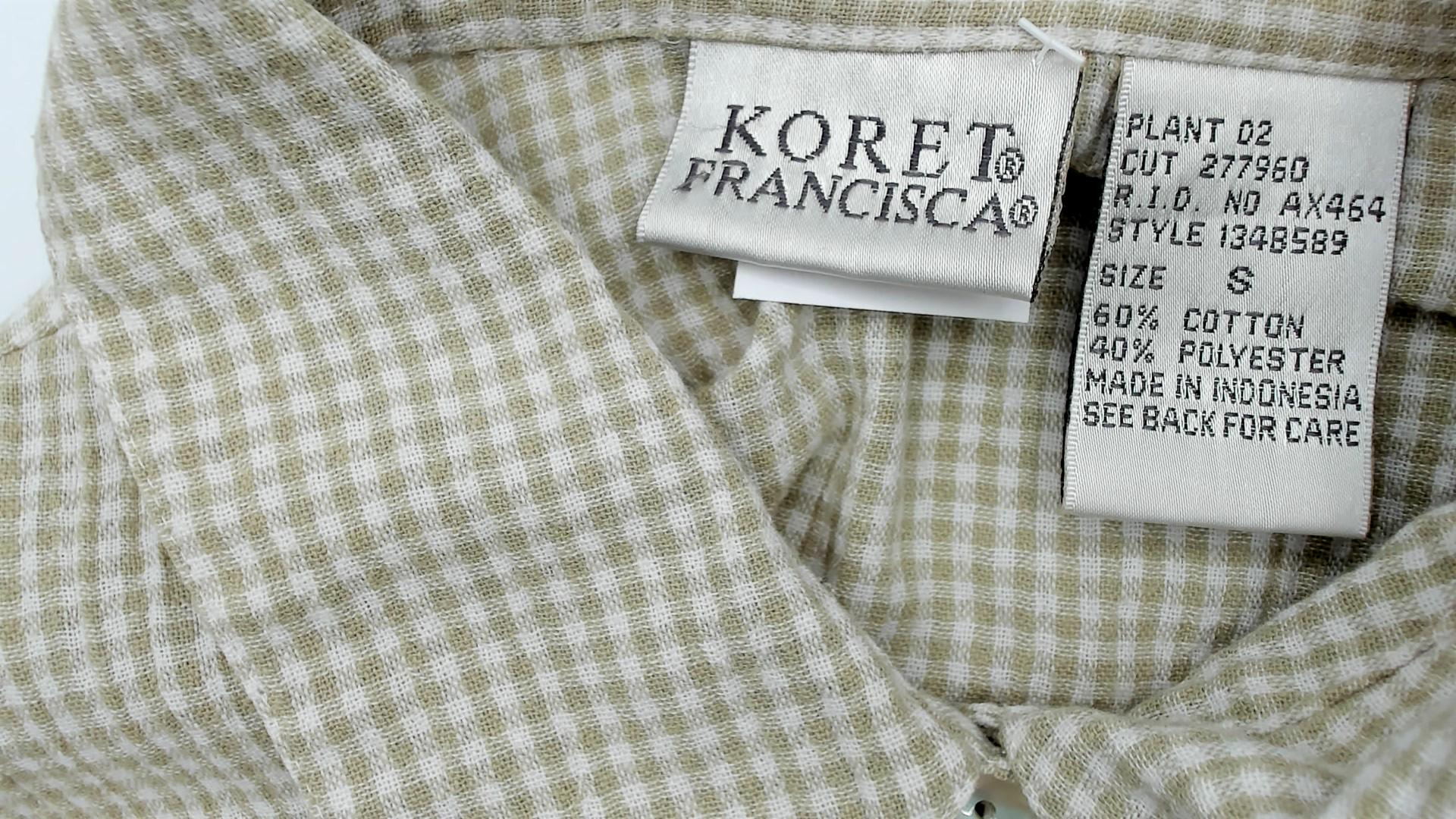 90s Koret Francisca Gingham Floral Embroidered Cotton Blouse Sage Green Small
