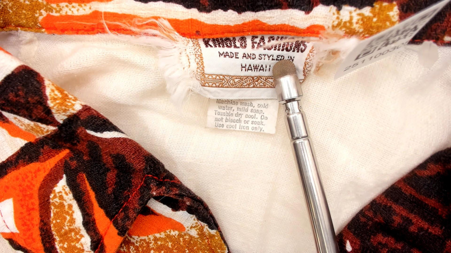 70s Kimolo Fashions Hawaiian Shirt Cream Cotton V-Neck Batik Collar Large