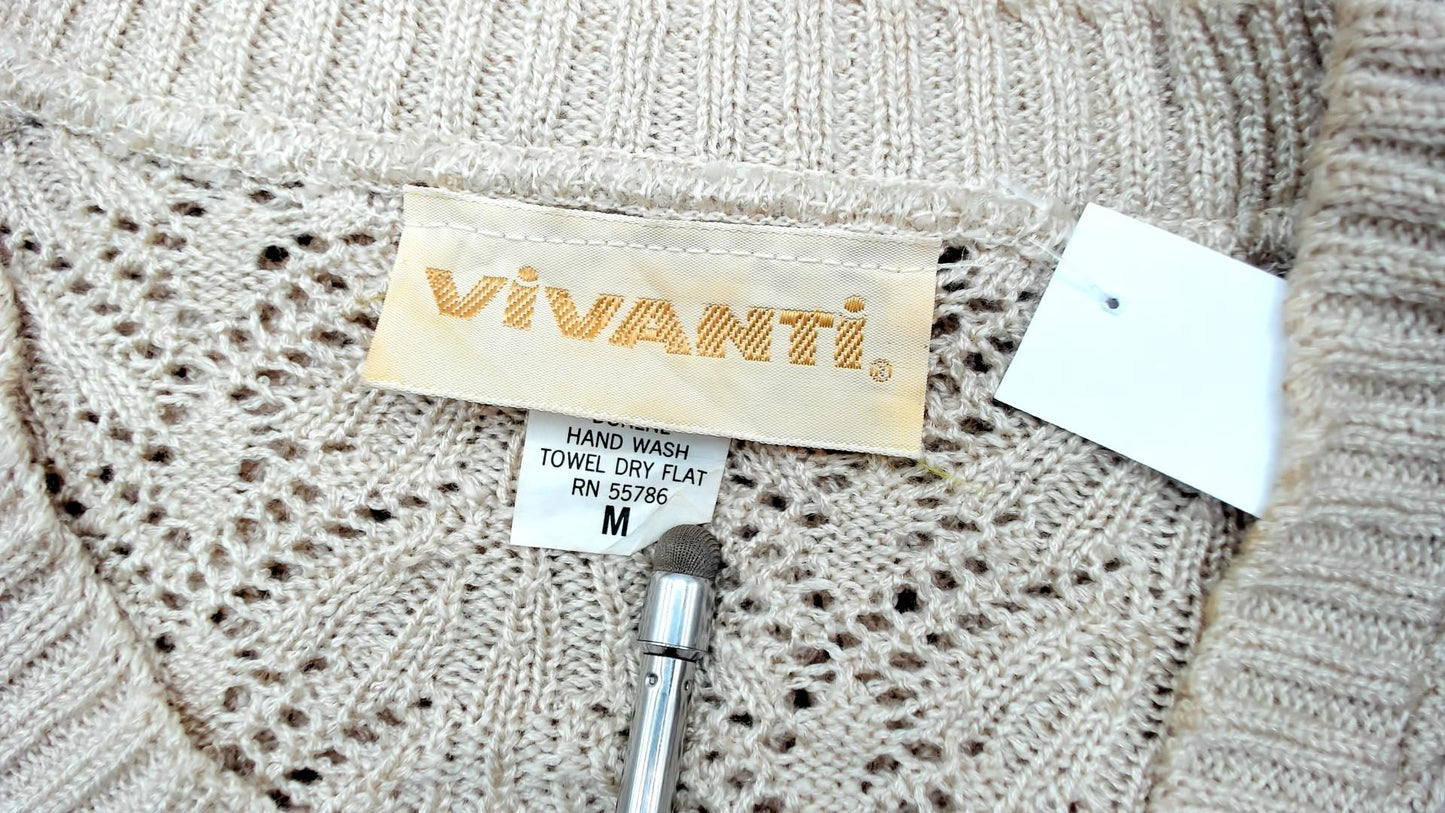 80s Vivanti Pointelle Sweater Cream Cotton V-Neck Chevron Knit Medium M