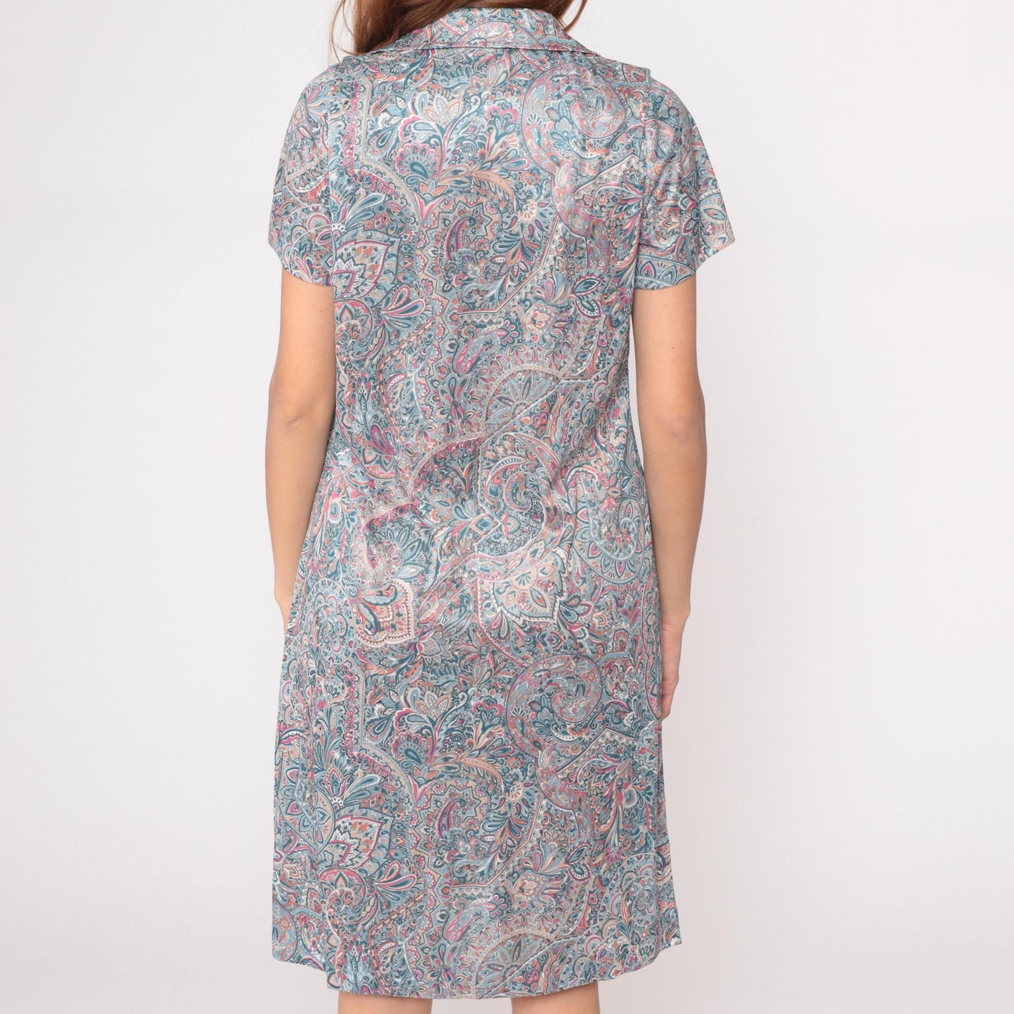 70s Paisley Zipper Front Dress Collared A-Line Blue Pink Cream Large L