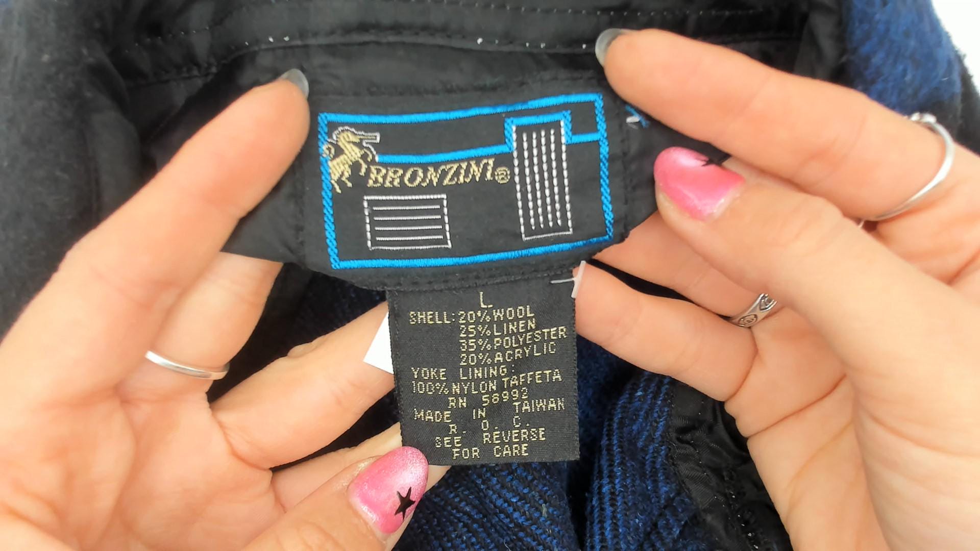70s Bronzini Buffalo Plaid Flannel Shirt Wool Blend Blue Black Large