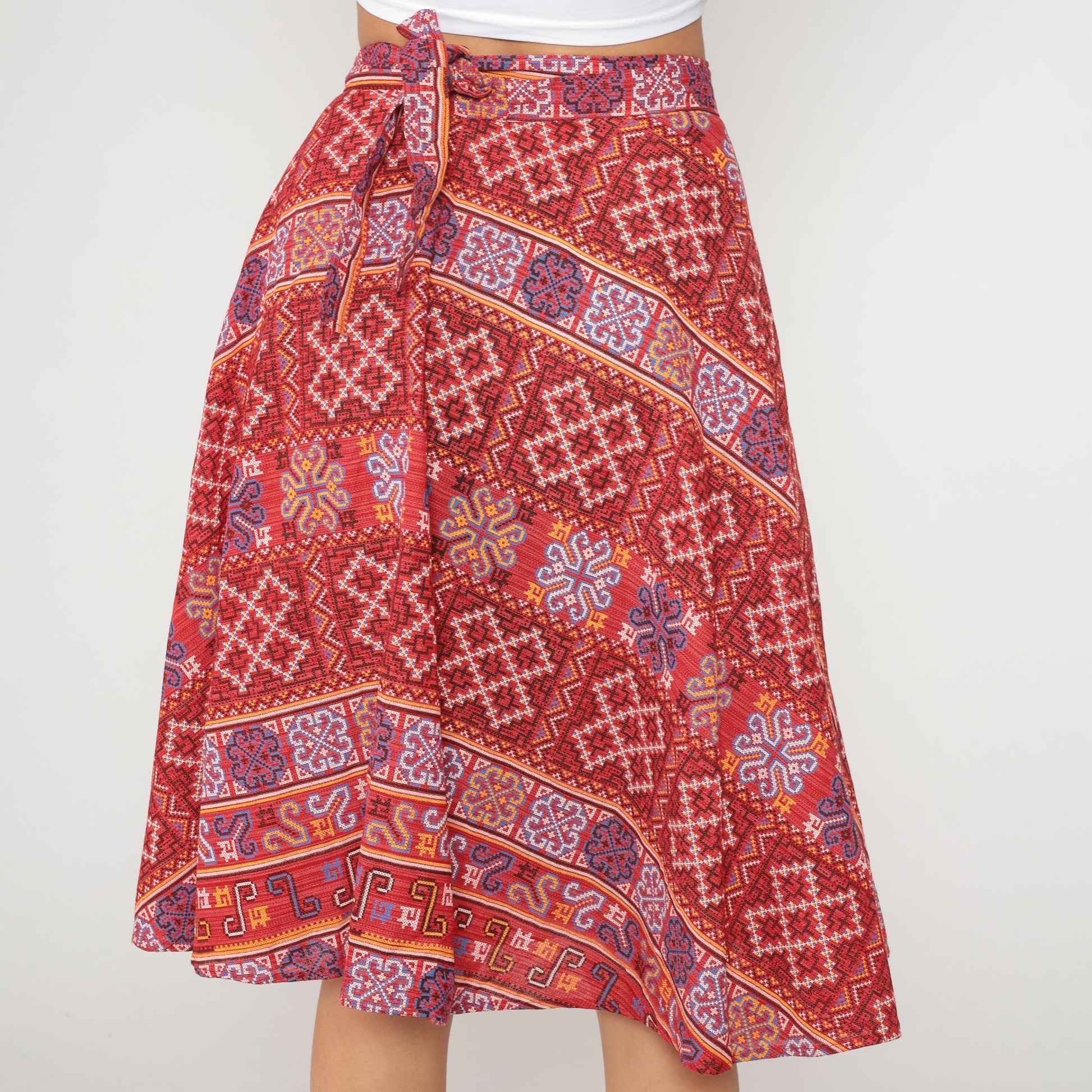 70s Paisley Wrap Skirt Coral Red Ethnic Geometric Print Knee Length Medium