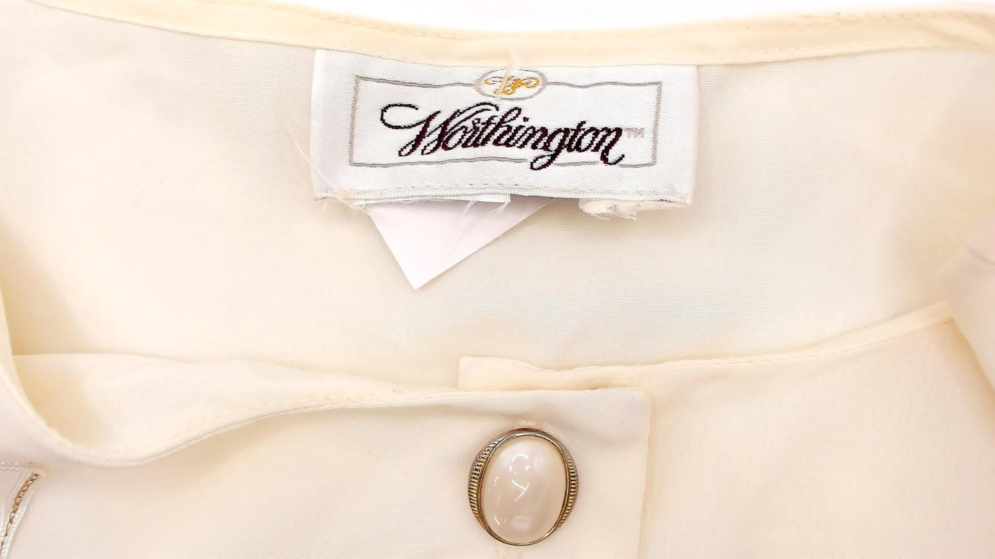 90s Worthington Cream Embroidered Blouse Long Sleeve Button Front Large L