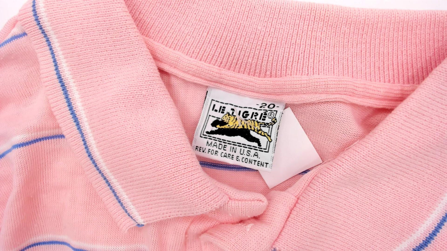 80s Le Tigre Polo Shirt Pink Blue Stripe Cotton Short Sleeve Small S