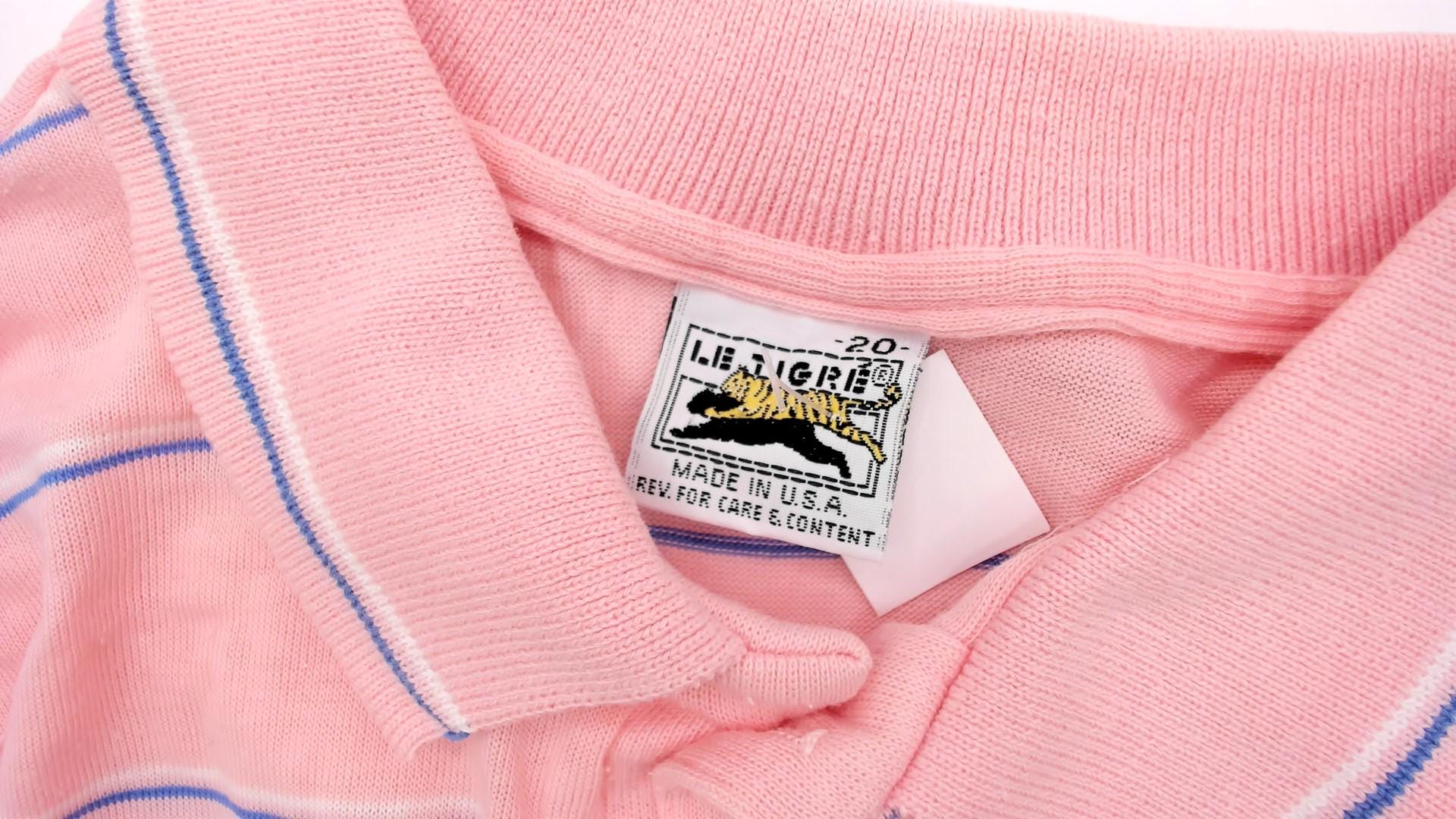 80s Le Tigre Polo Shirt Pink Blue Stripe Cotton Short Sleeve Small S