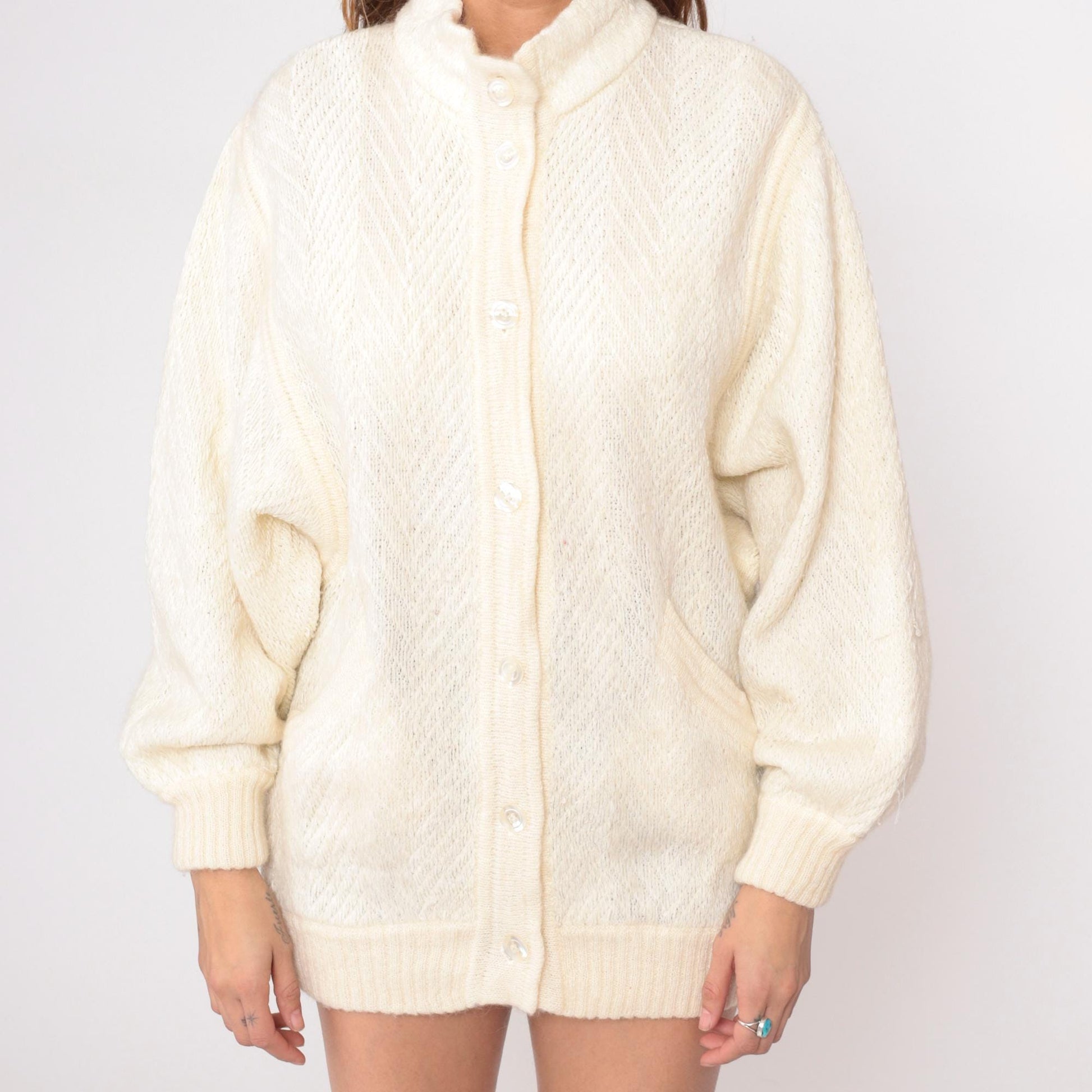80s Leroy Cream Cardigan Open Lattice Knit Diamond Pattern Medium
