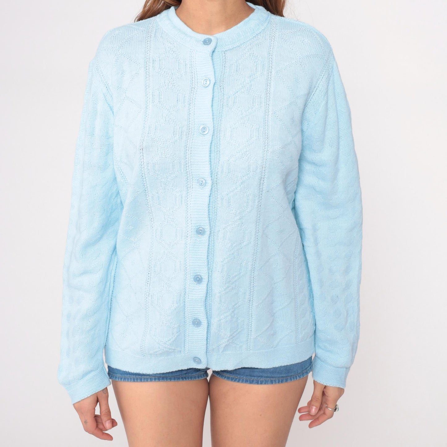 80s Pale Blue Cable Knit Cardigan Button Front Long Sleeve Large L