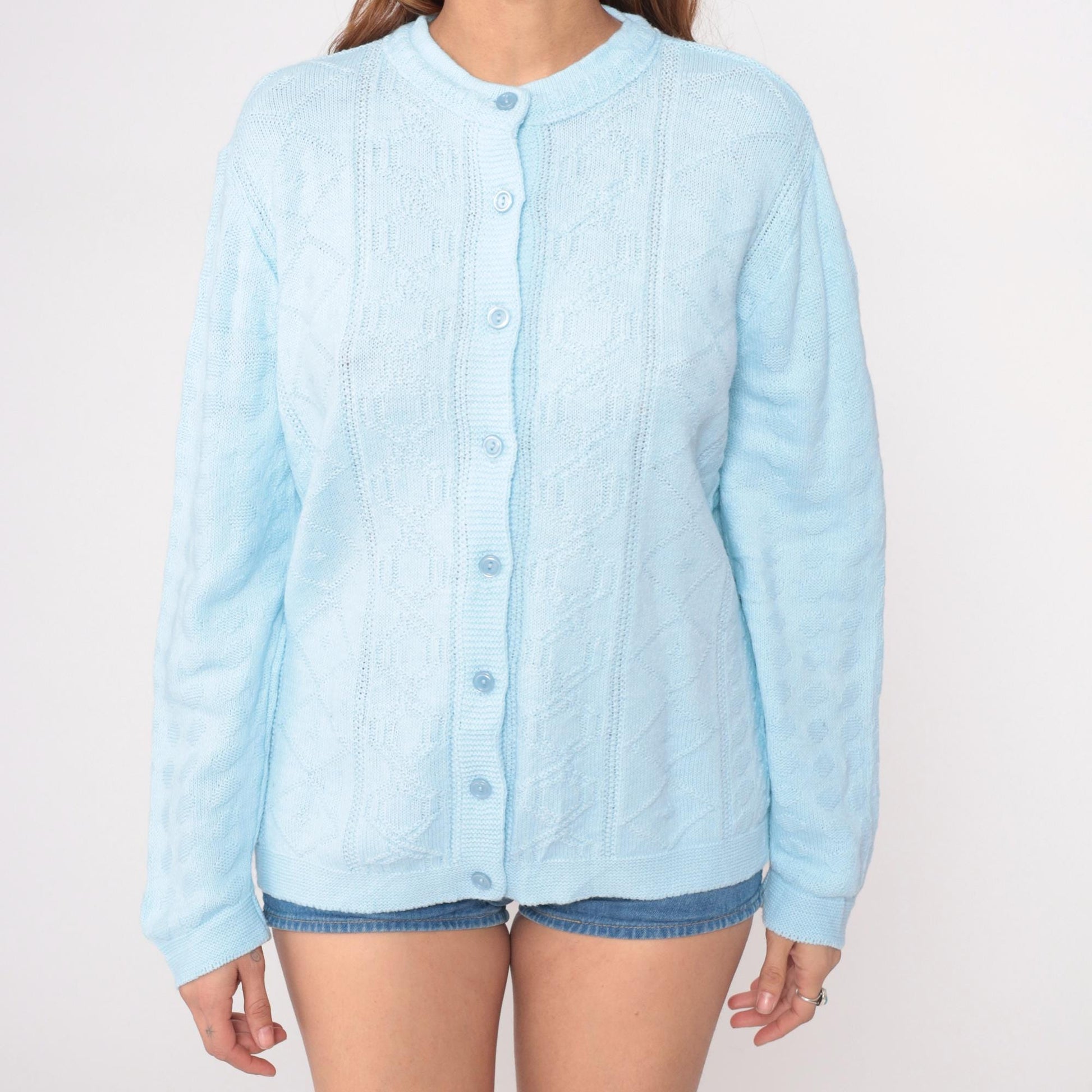 80s Pale Blue Cable Knit Cardigan Button Front Long Sleeve Large L