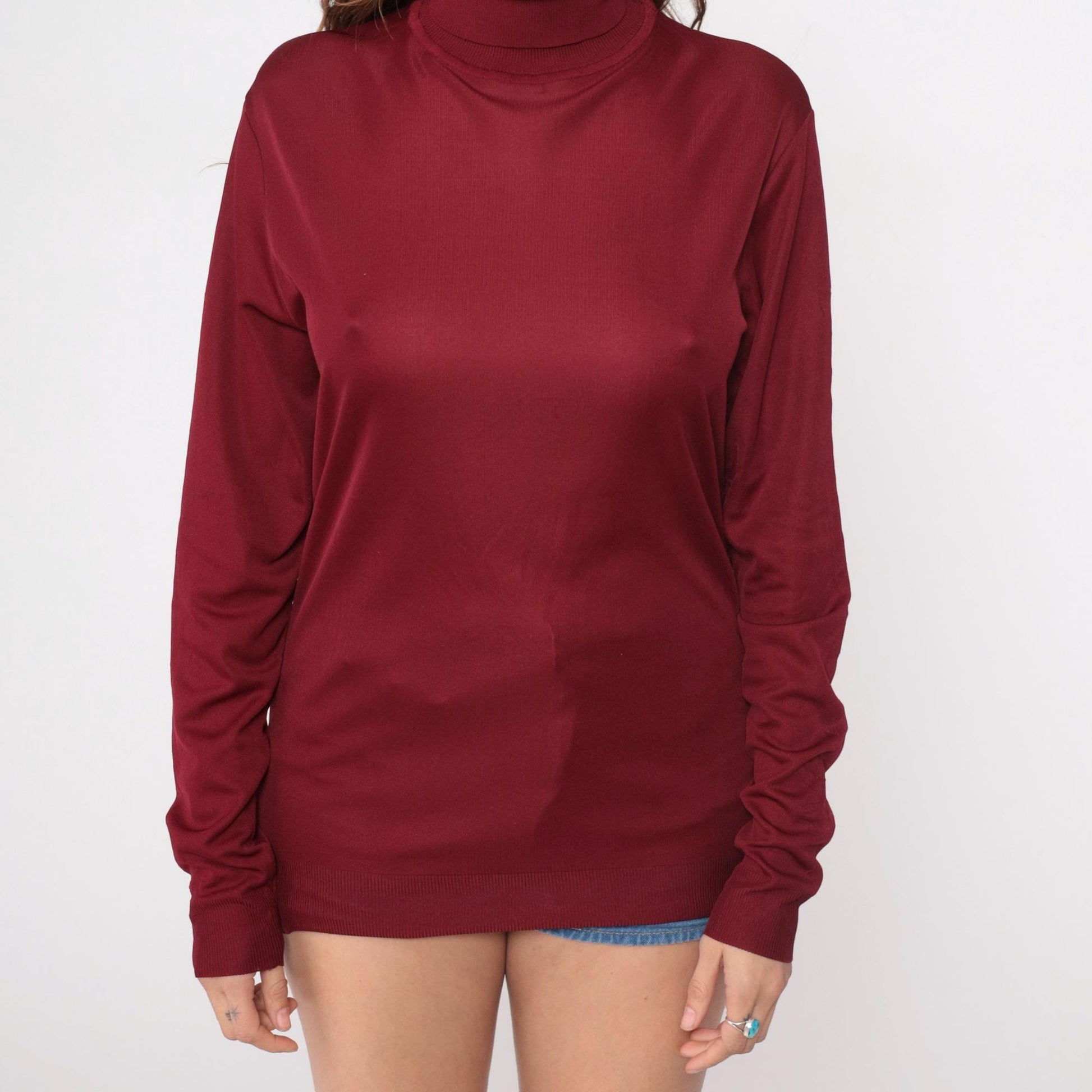 70s Burgundy Turtleneck Long Sleeve Ribbed Knit Pullover Extra Large