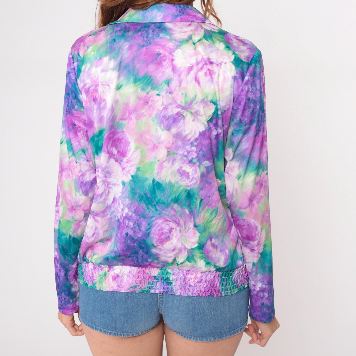 80s Anthony Richards Floral Blouse Purple Lavender Rose Print V-Neck Extra Large