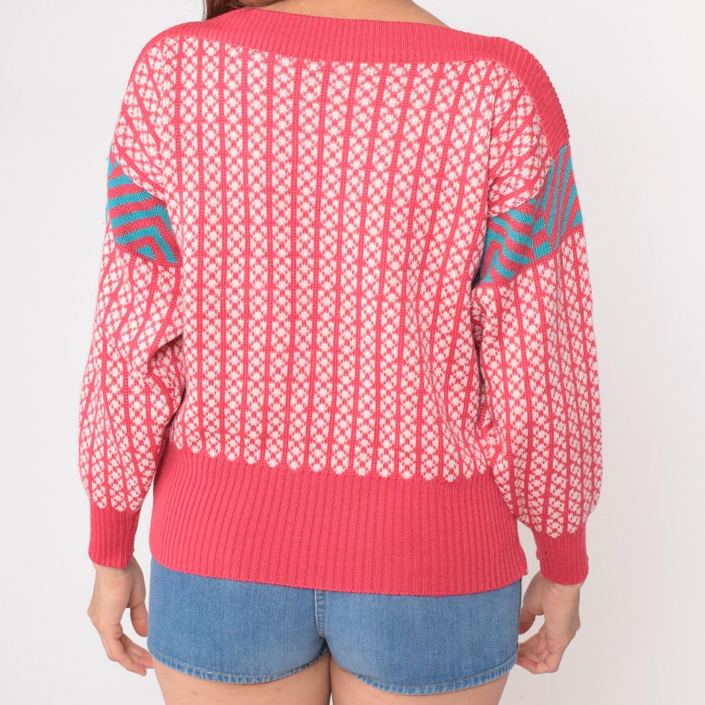 80s Demetre Wool Fair Isle Sweater Pink Geometric Boat Neck Medium M