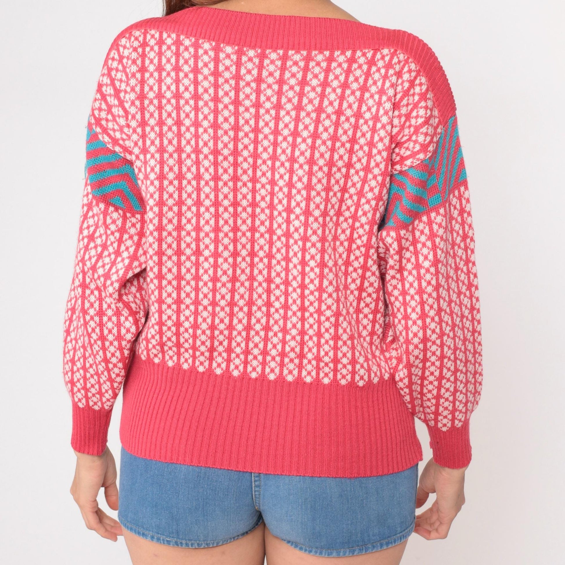 80s Demetre Wool Fair Isle Sweater Pink Geometric Boat Neck Medium M
