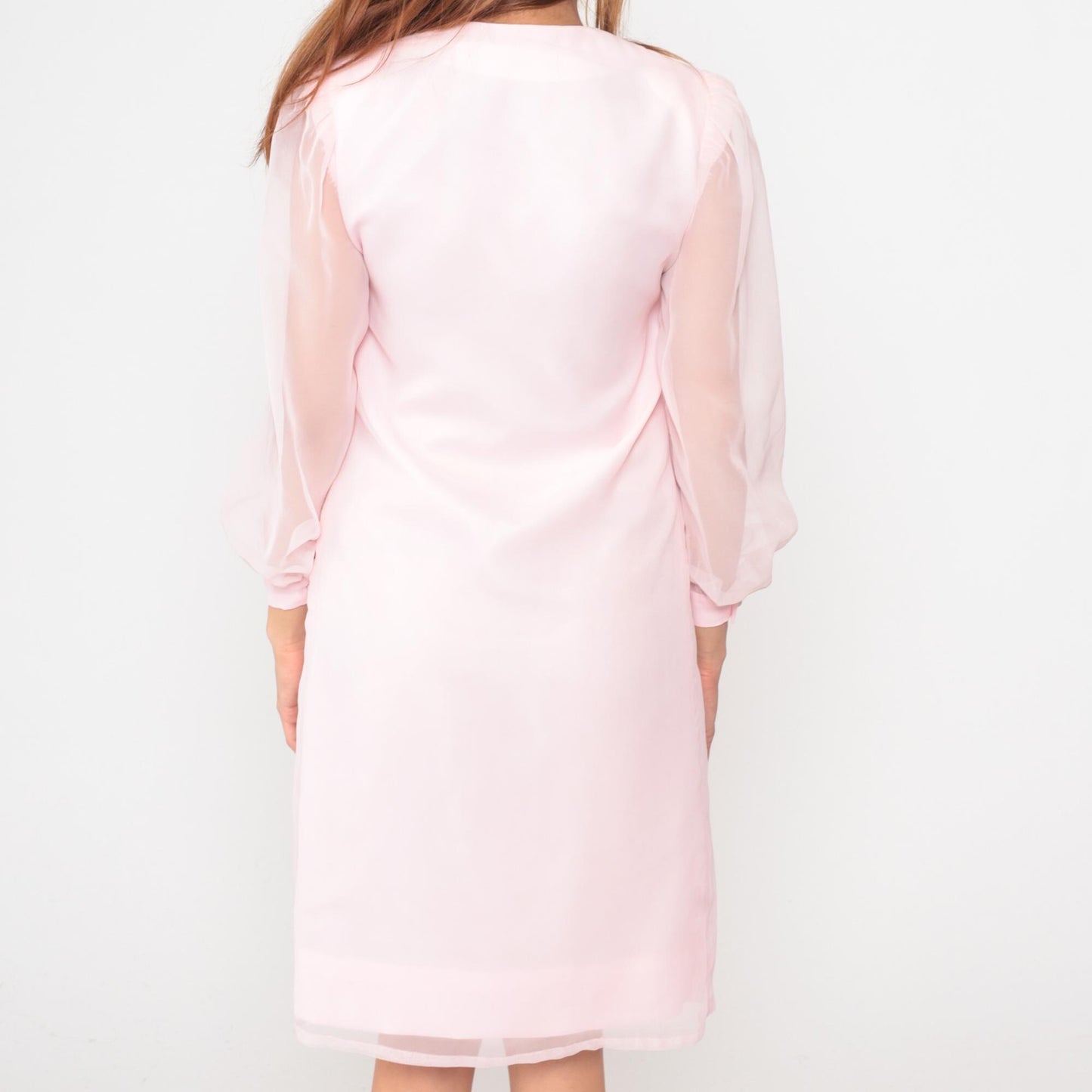 70s Pink Polyester Dress V-Neck Button Front Knee-Length Small