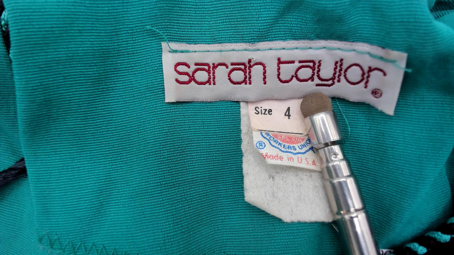90s Sarah Taylor Colorblock Dress Teal Black Button Front Knee Length Small