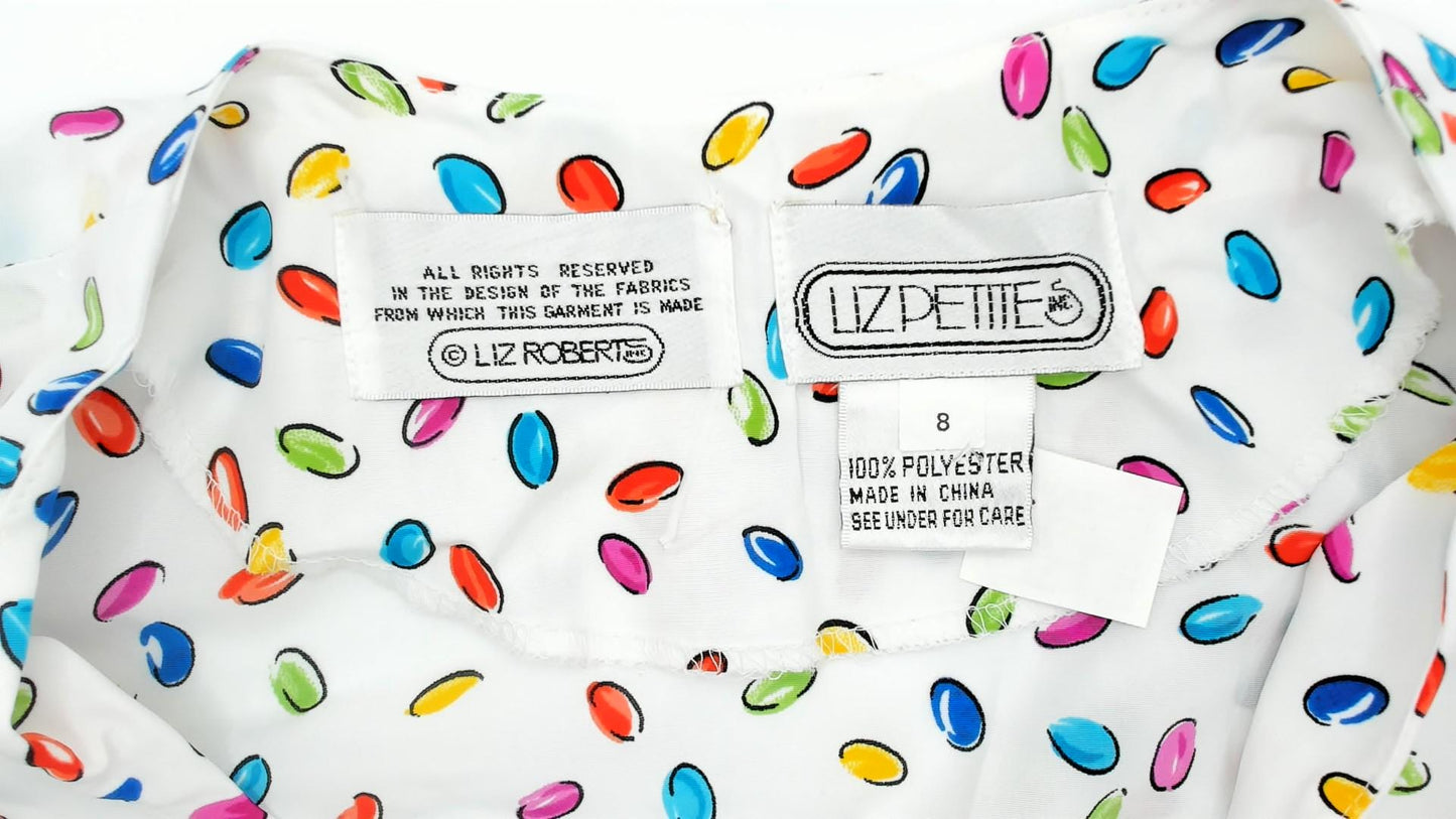 80s Liz Petites Jelly Bean Candy Print Dress White Knee-Length Medium