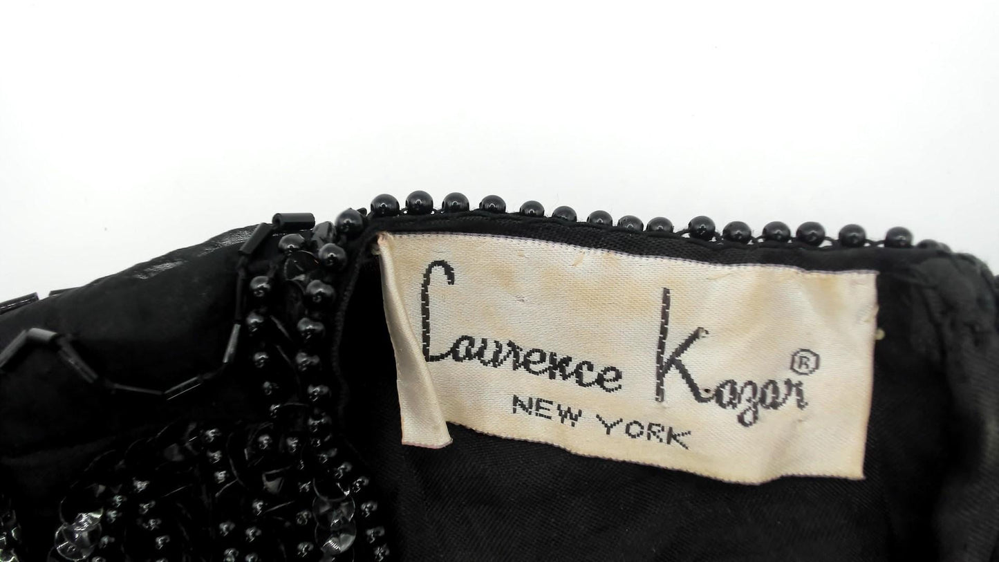 90s Laurence Kazar Black Beaded Silk Cocktail Dress Knee-Length Medium M