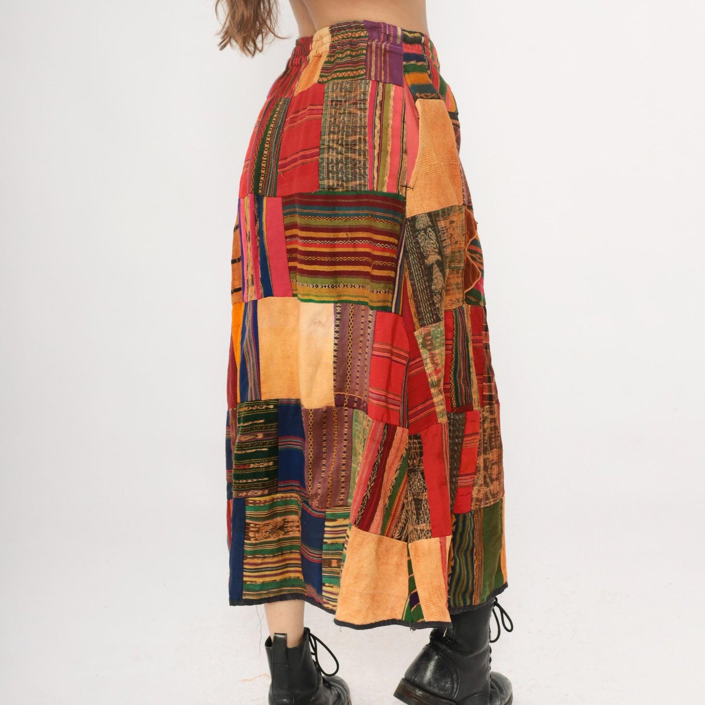 90s Patchwork A-Line Skirt Multicolor Ethnic Striped Cotton Ankle Length Medium