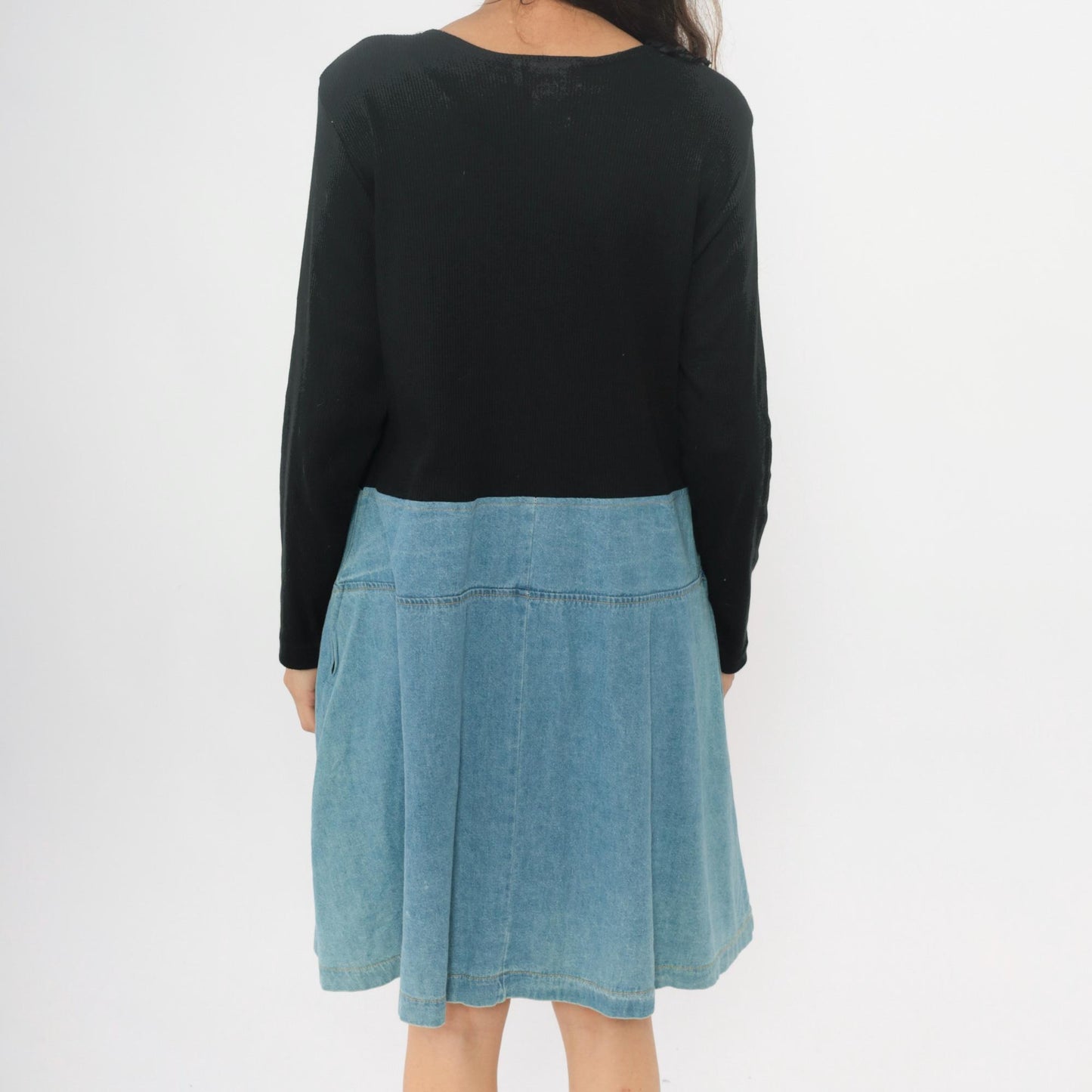 90s Diana Marco Denim Dress Black Chambray Two Tone Belted Extra Large XL