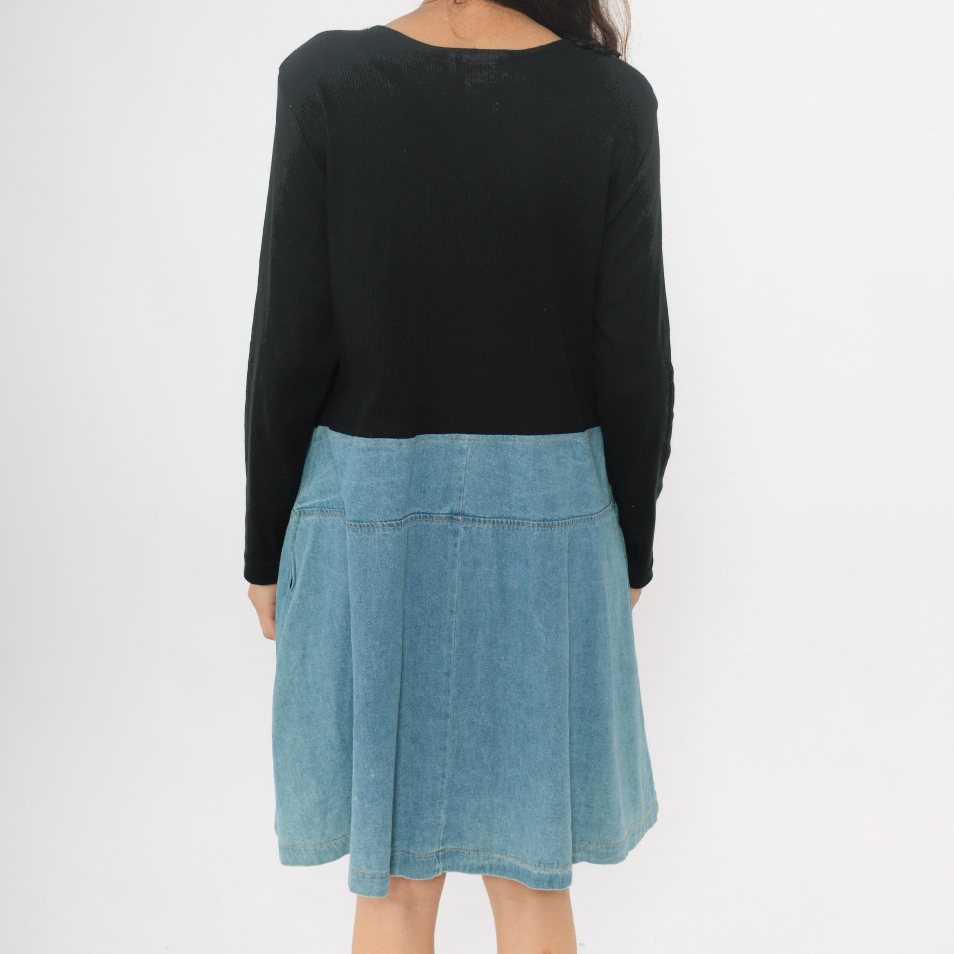 90s Diana Marco Denim Dress Black Chambray Two Tone Belted Extra Large XL