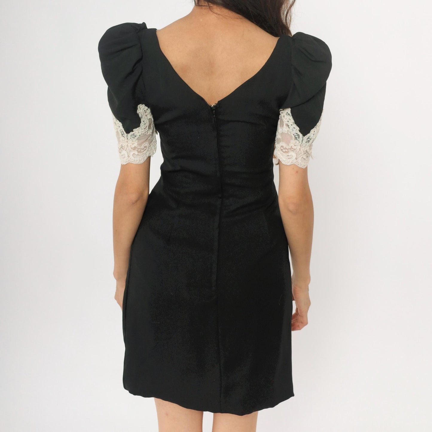 90s Alfred Angelo Black Mini Dress White Lace Puff Sleeves Small S