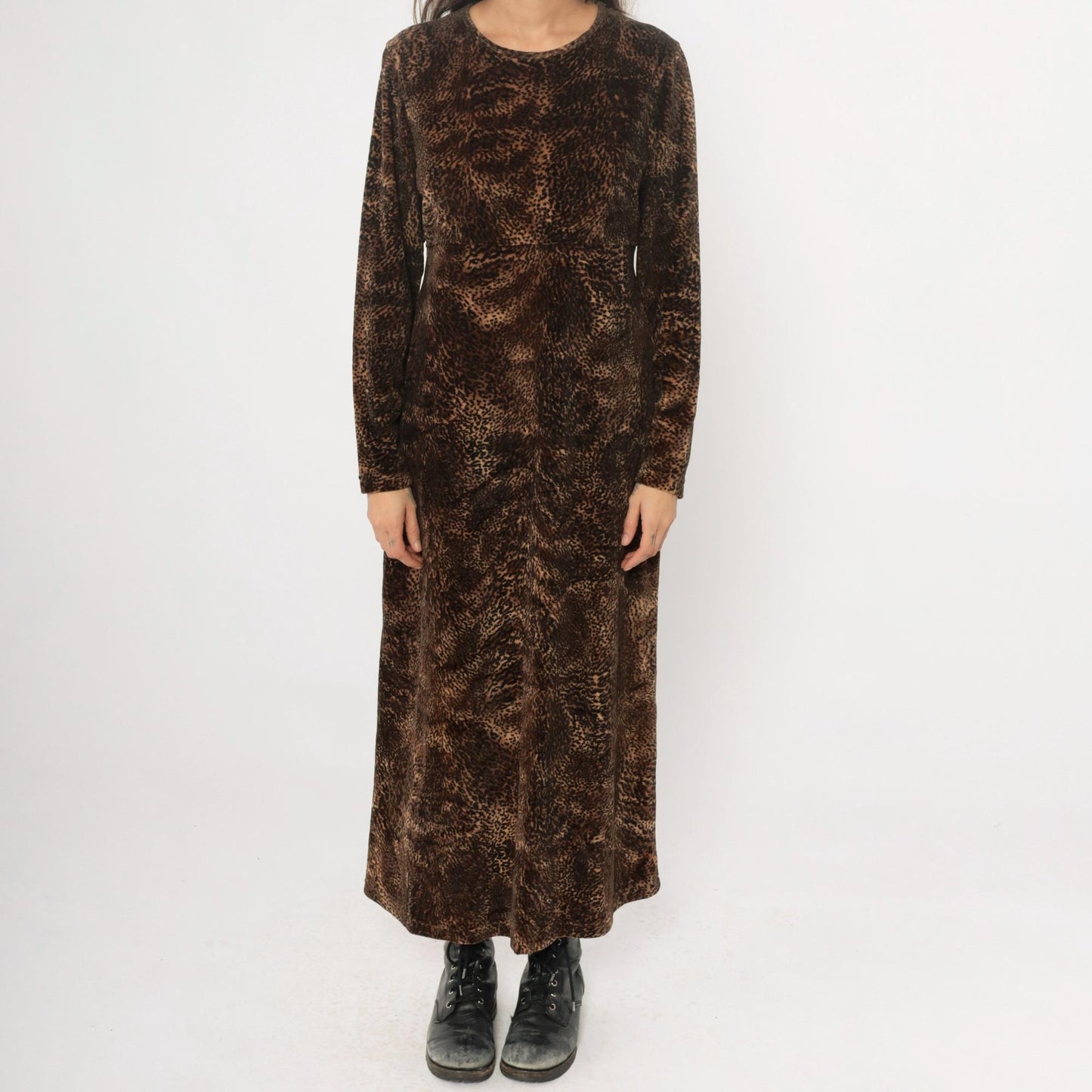 90s Jones New York Leopard Print Maxi Dress Long Sleeve Brown Medium M