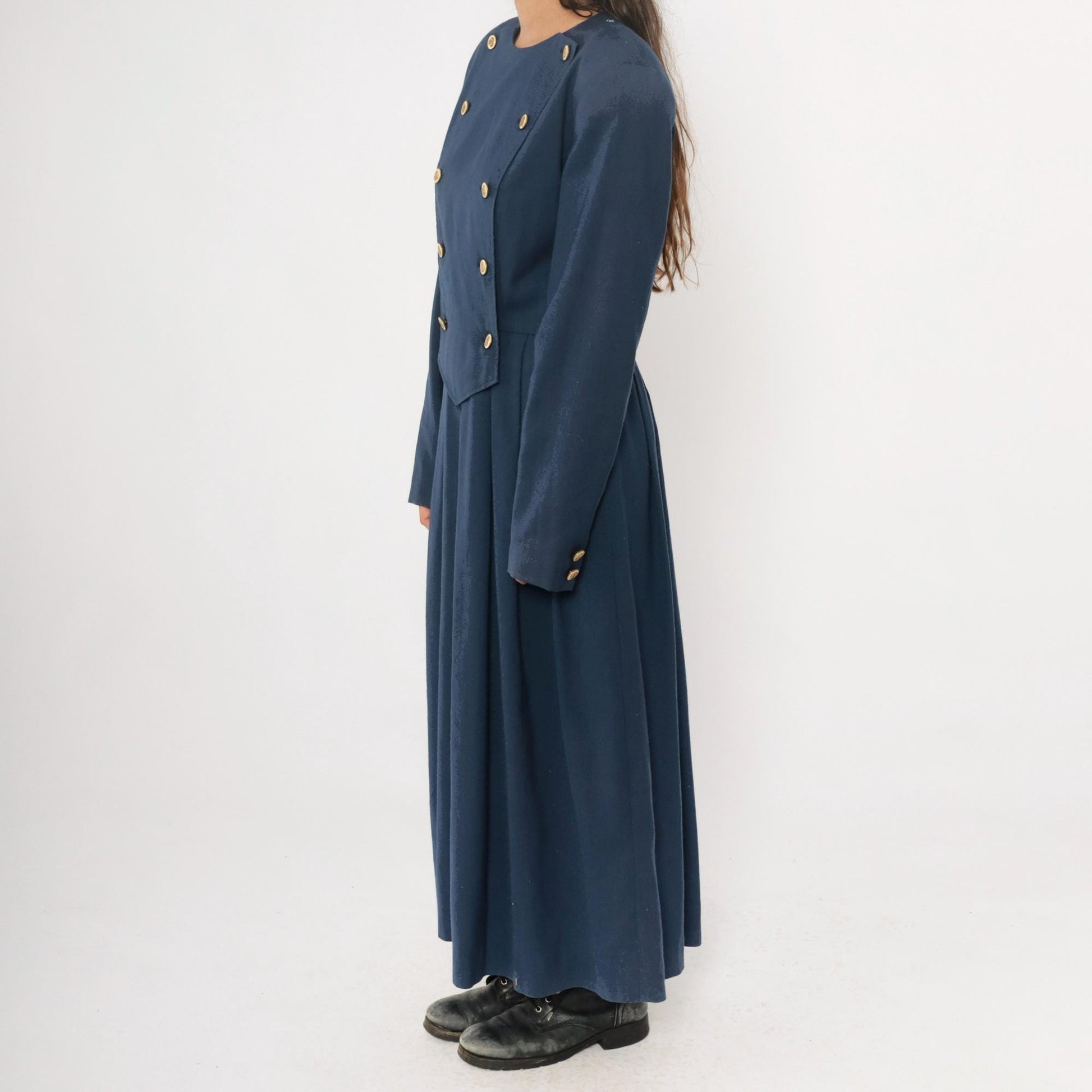 80s Navy Military Double-Breasted Maxi Dress Gold Buttons Large L