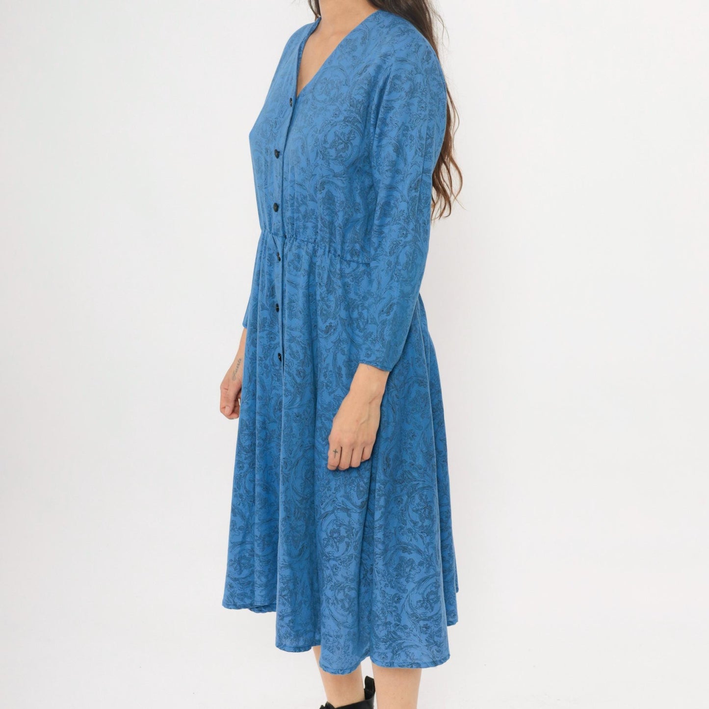 80s Blue Paisley Button-Front Dress V-Neck Long Sleeve Gathered Waist Medium M
