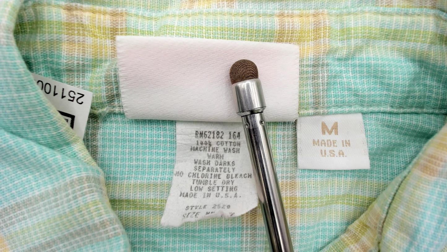 90s Pastel Plaid Cotton Button-Up Shirt Pale Blue Soft Yellow Medium M