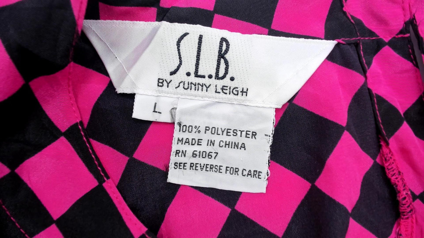 90s Checkerboard Blouse Pink Black Diamond Pattern Keyhole Back Large