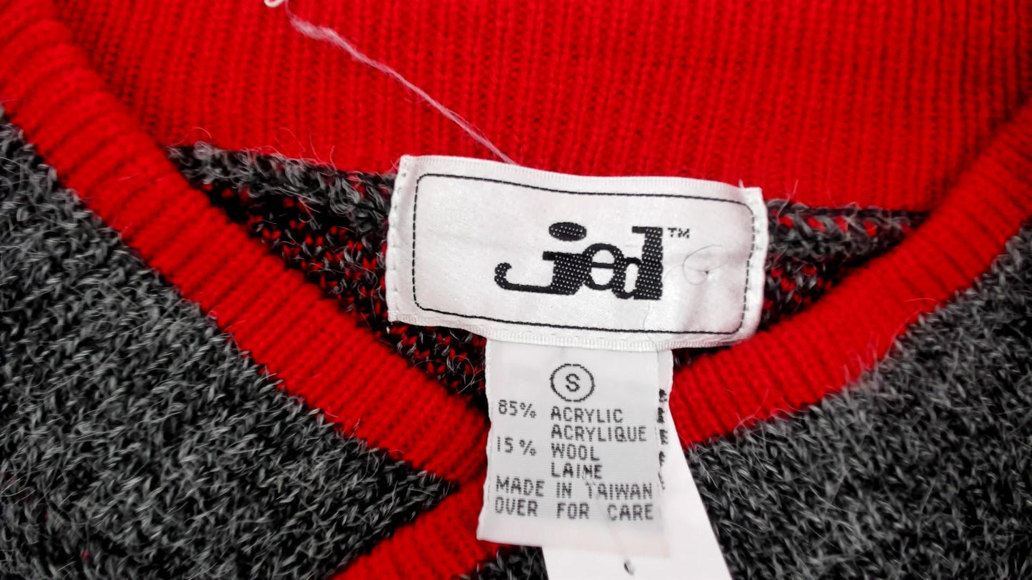 90s Tribal Pattern V-Neck Sweater Grey Red Wool Knit Small S