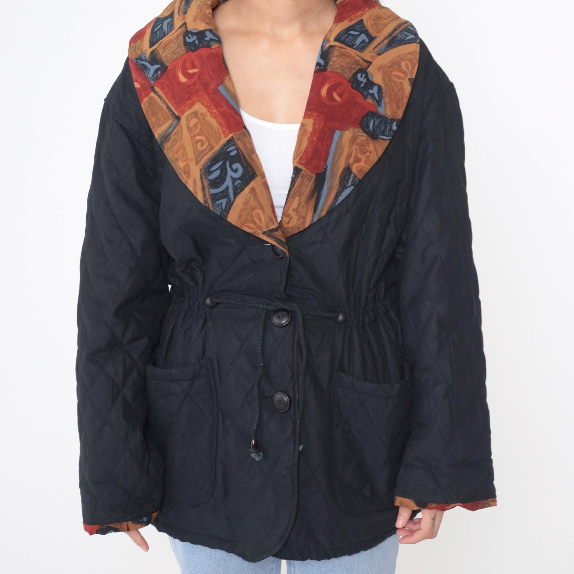 90s Quilted Jacket Black Button Front Geometric Print Collar Lining Large