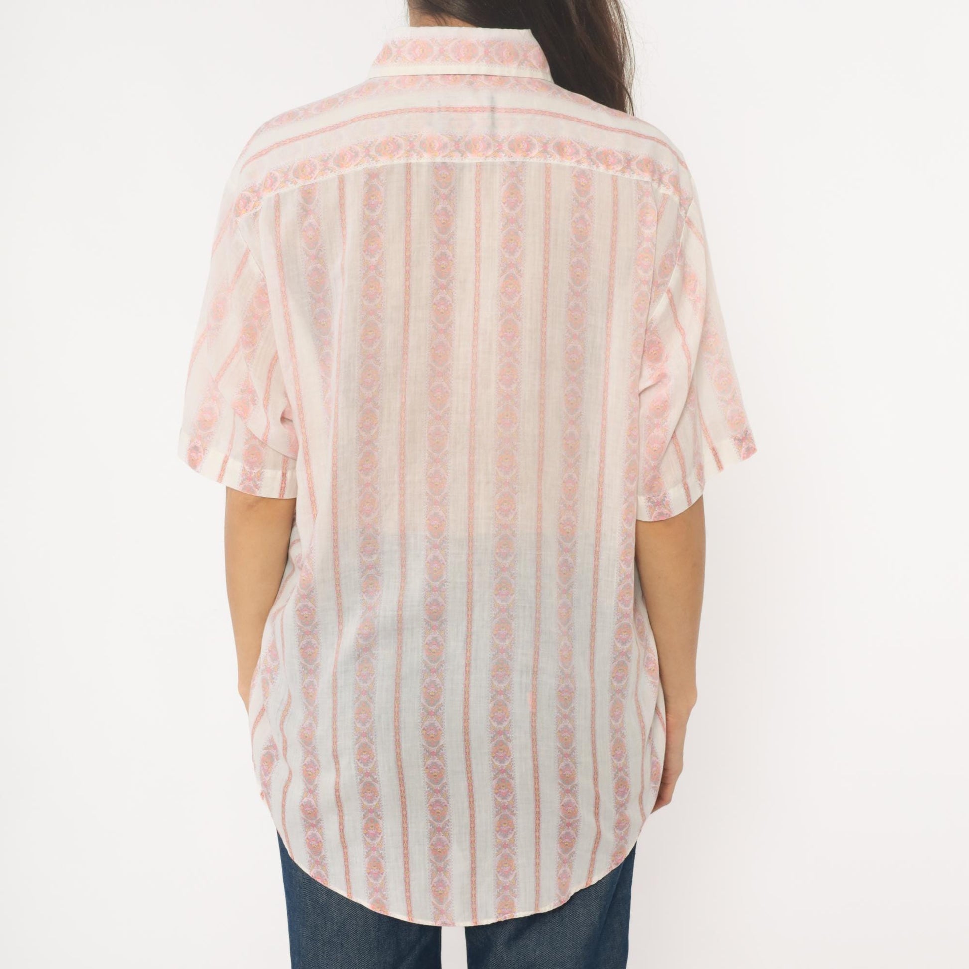 70s Campus Pink Striped Paisley Button-Down Blouse Pointed Collar Large L