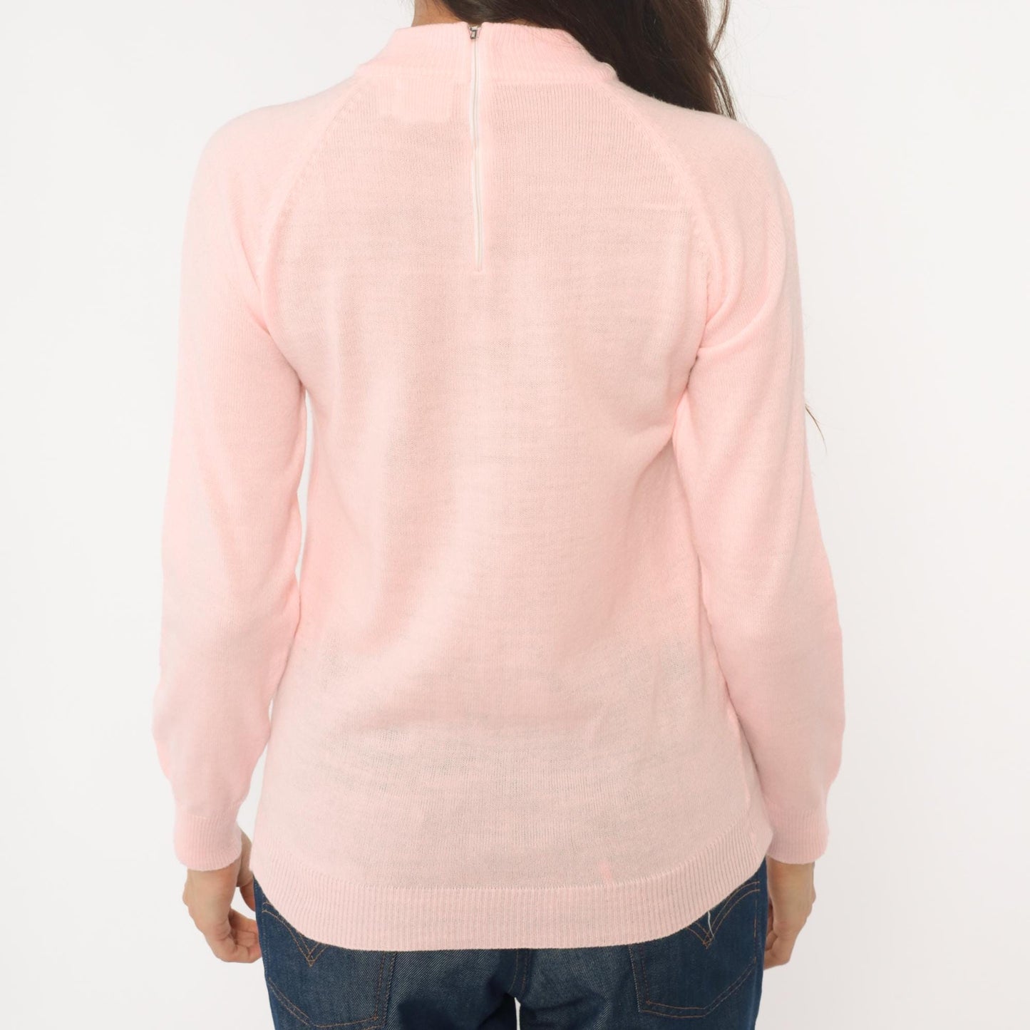 70s Pink Mock Neck Sweater Acrylic Knit Ribbed Cuffs Back Zip Small S