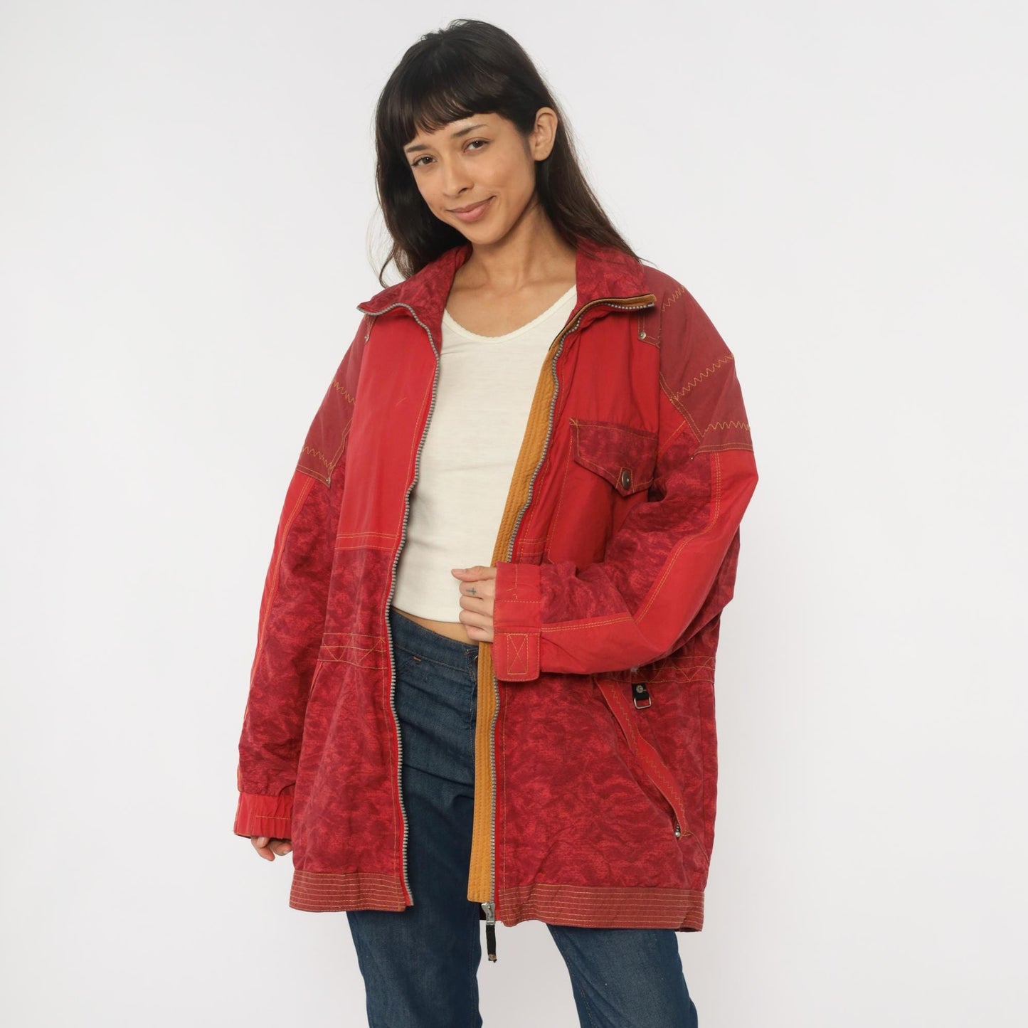 80s Obermeyer Red Nylon Windbreaker Ski Jacket Colour-Block Extra Large XL