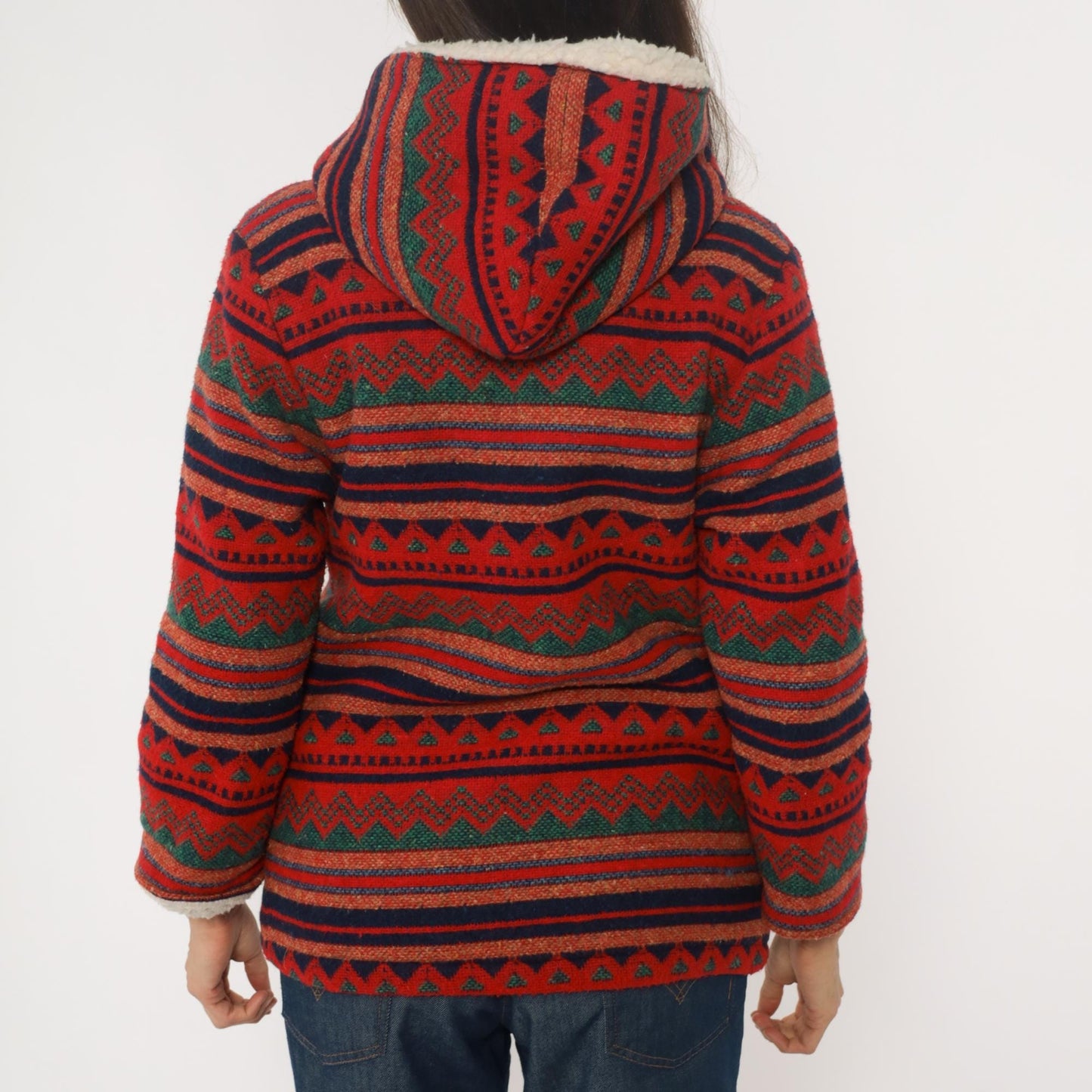 70s Southwestern Hooded Jacket Aztec Pattern Red Navy Orange Wool Blend Extra Small XS