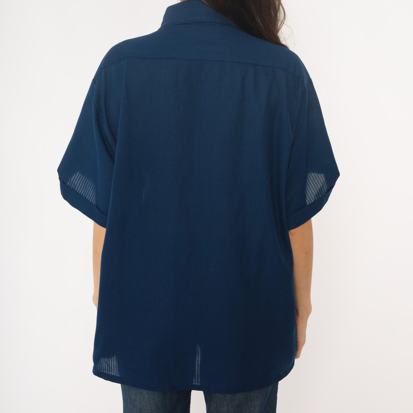 70s Navy Polyester Button-Up Shirt Short Sleeve Chest Pockets Extra Large