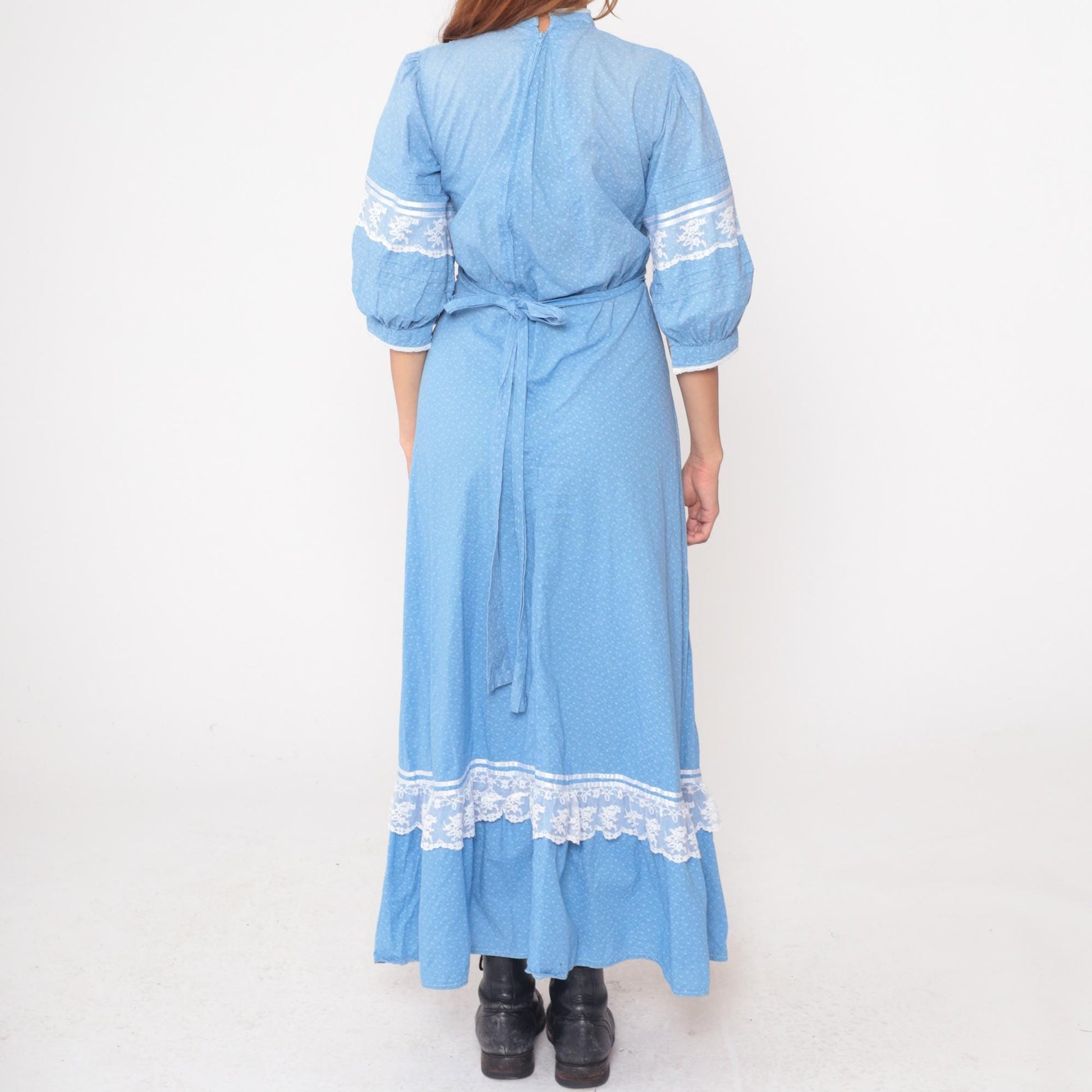 70s Light Blue Prairie Maxi Dress White Lace Trim Puff Sleeves Small