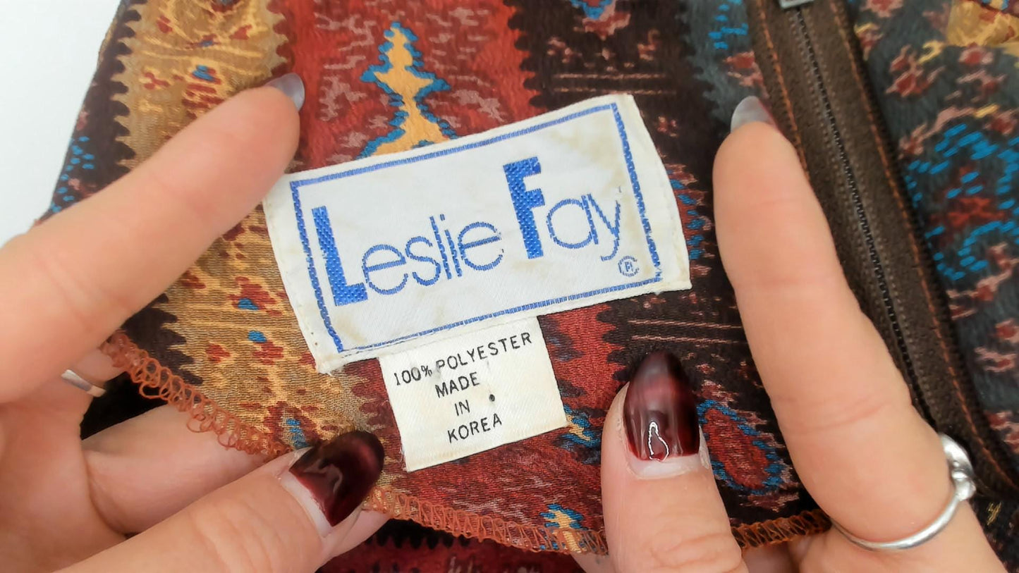 80s Leslie Fay Geometric Midi Dress Long Sleeve Burgundy Teal Medium