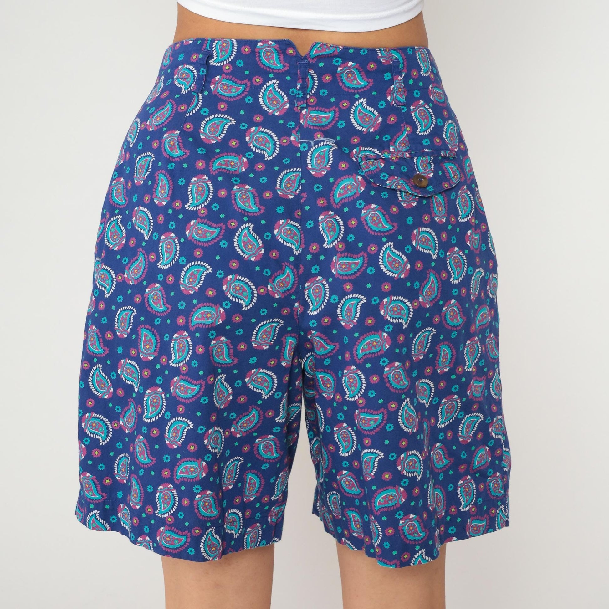 90s Liz Sport Paisley Shorts High Waisted Cotton Navy Medium