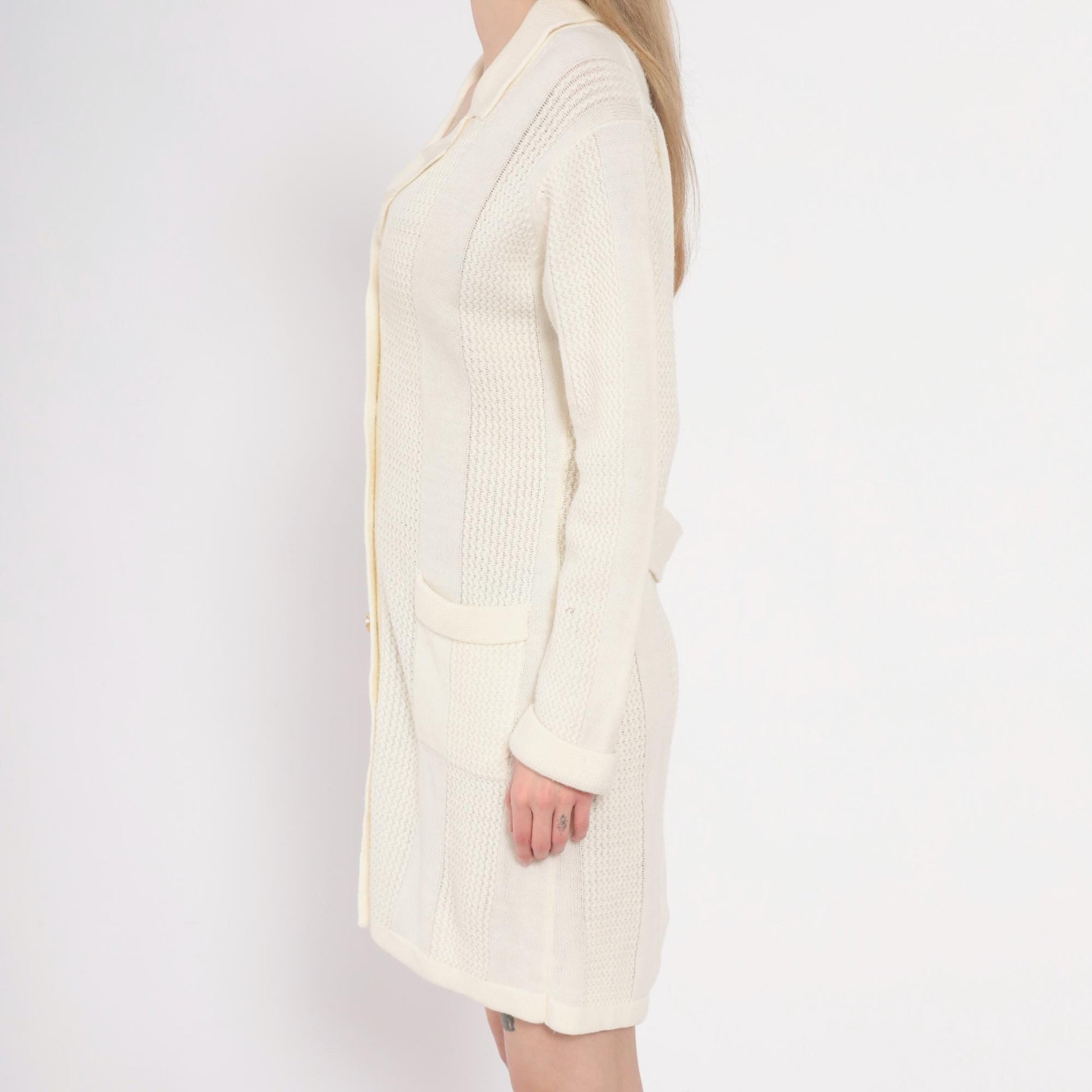 70s Cream Cable Knit Cardigan Dress Collared Button Front Large L