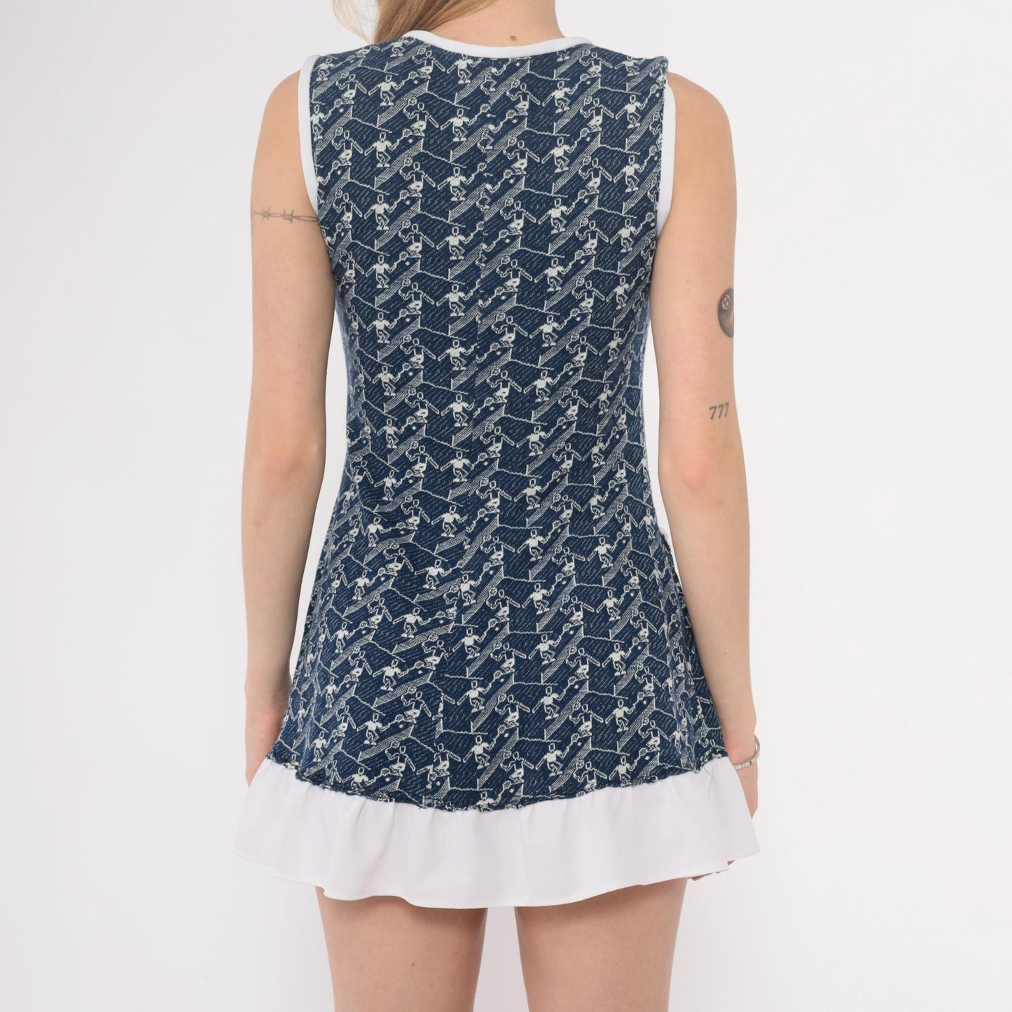 70s Navy Tennis Print Sleeveless Tunic White Trim Mini Dress Extra Small XS