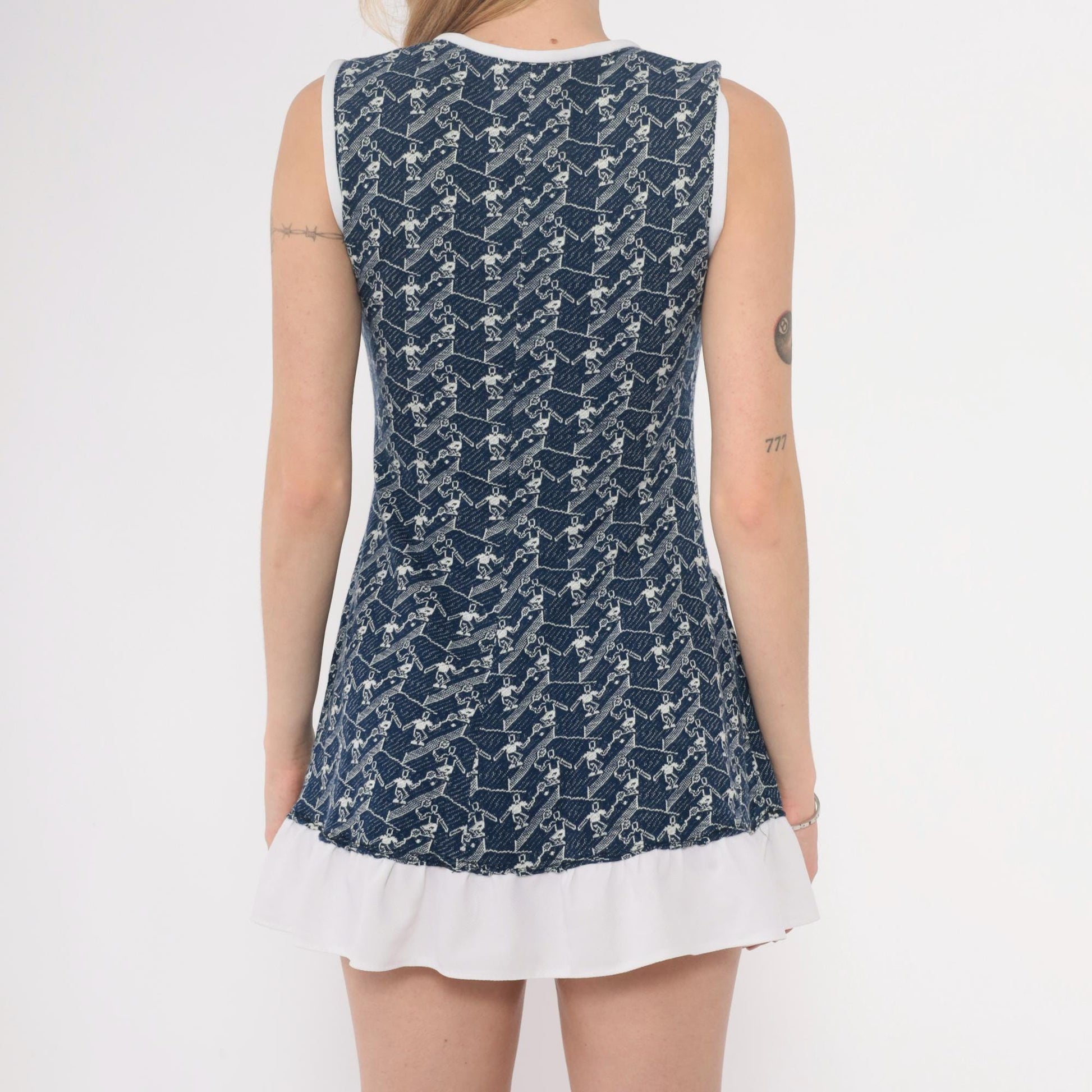 70s Navy Tennis Print Sleeveless Tunic White Trim Mini Dress Extra Small XS