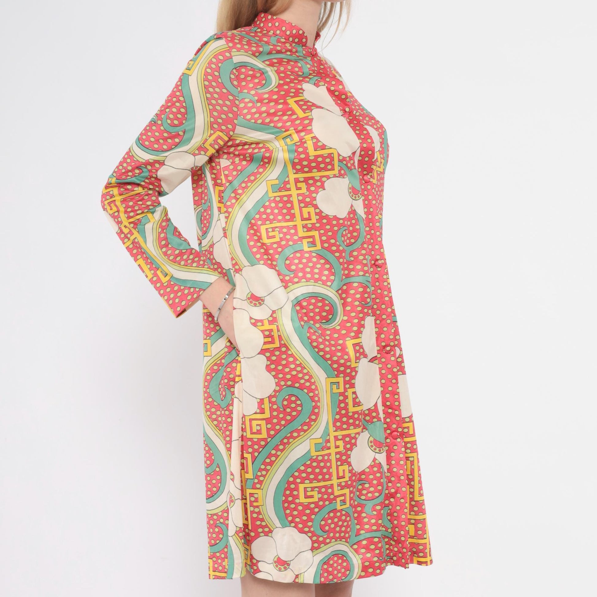 70s Psychedelic Floral Tunic Dress Pink Cream Mint Knee-Length Medium M