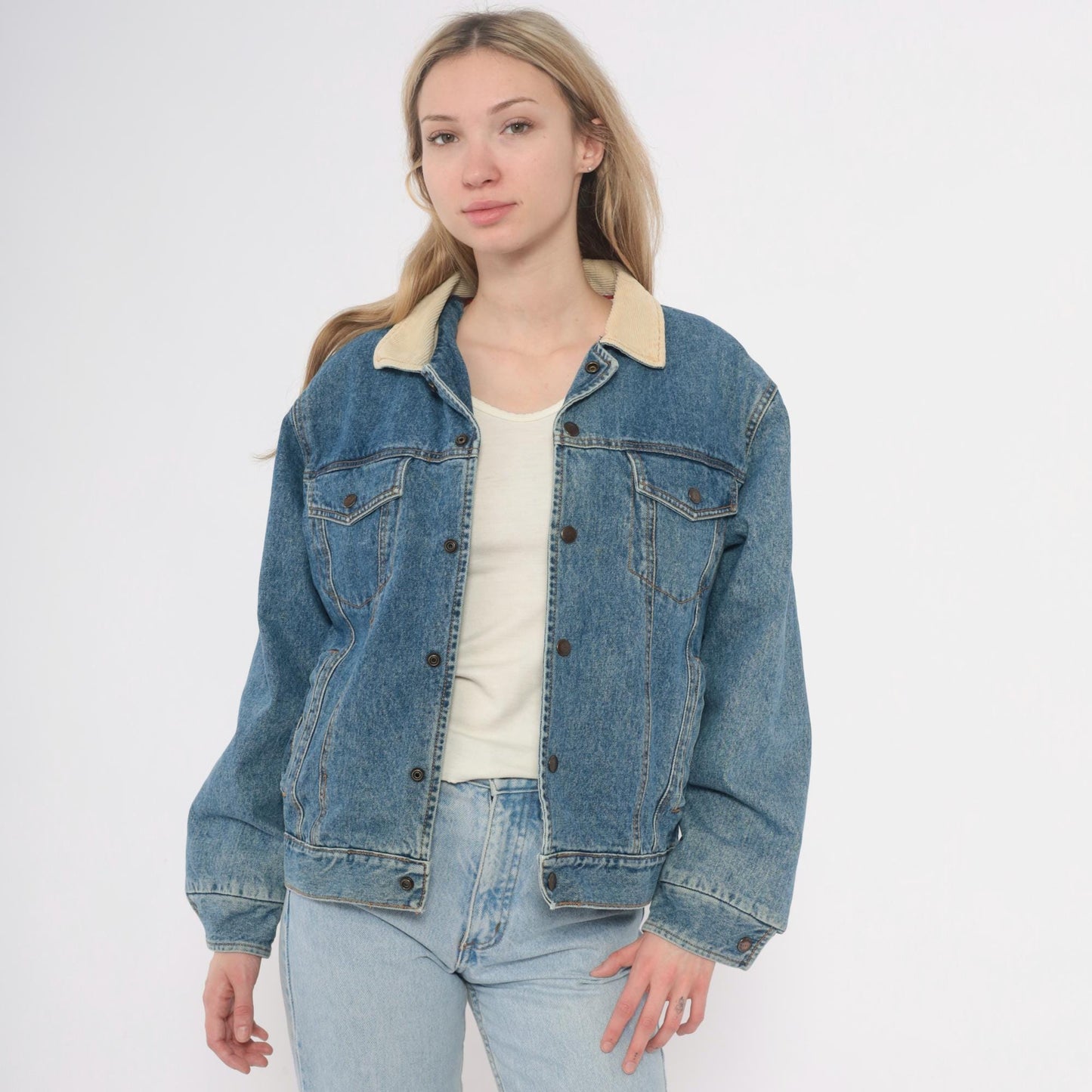 90s Denim Trucker Jacket Corduroy Collar Flannel Lined Medium Blue