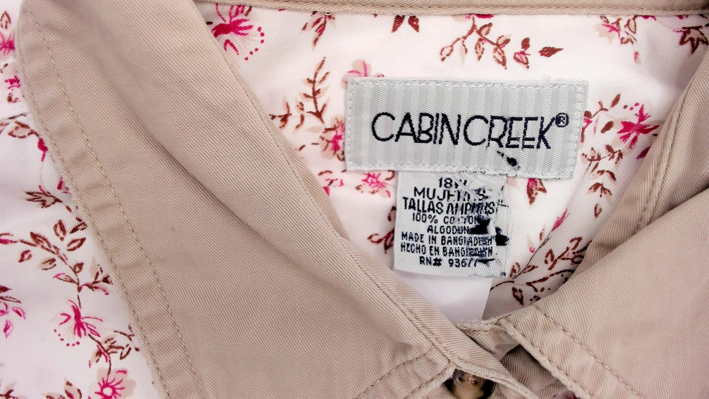 Y2K Cabin Creek Floral Button-Up Blouse White Pink Tan Collar Plus Size XXL