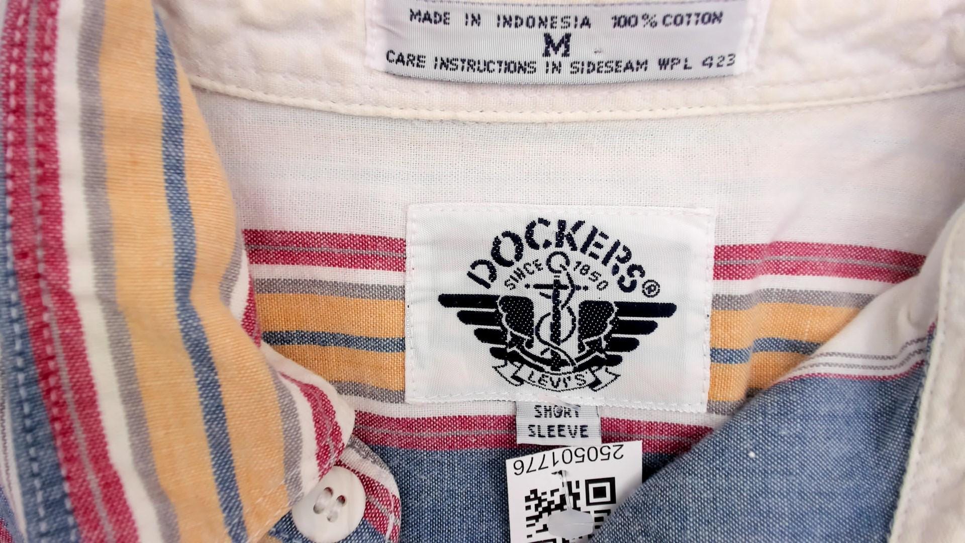 90s Dockers Striped Cotton Button-Up Shirt Blue White Pink Medium M