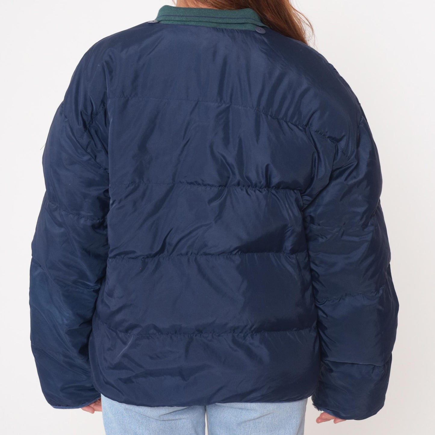 90s GM Down Puffer Jacket Navy Blue Teal Collar Quilted Medium M